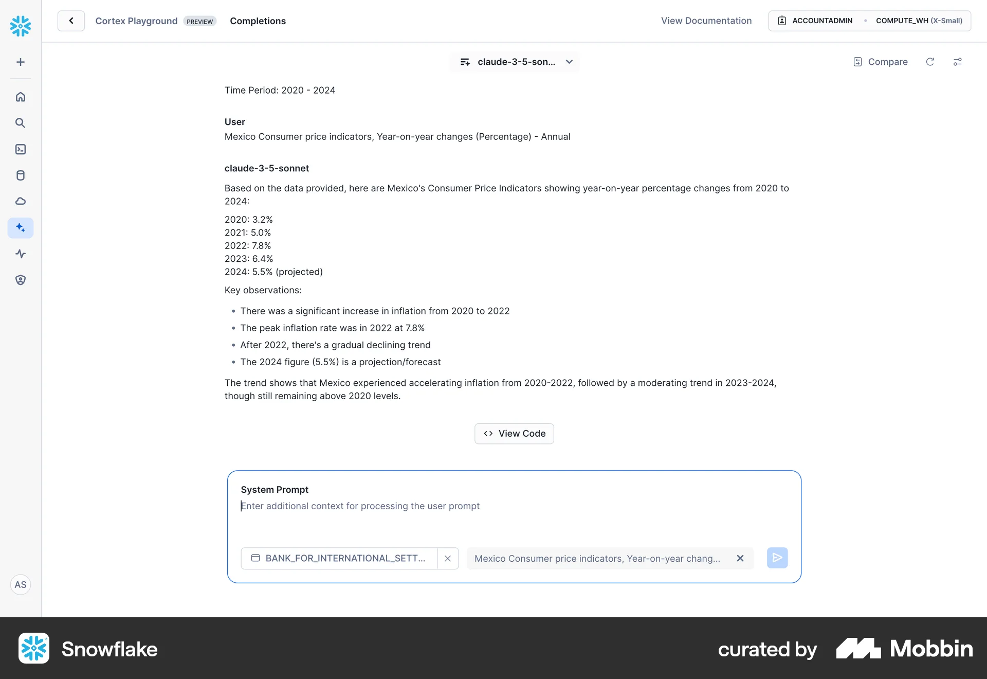 Snowflake Web screen containing Toolbar UI element