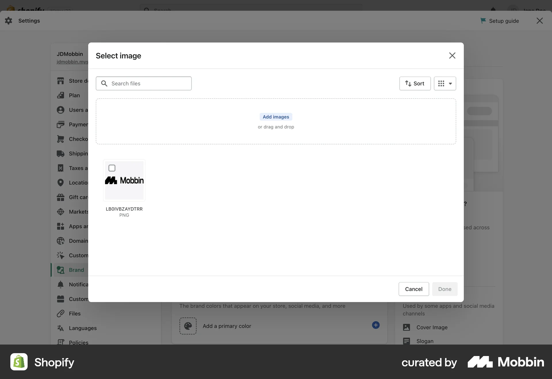 Shopify Web screen containing File Upload UI element