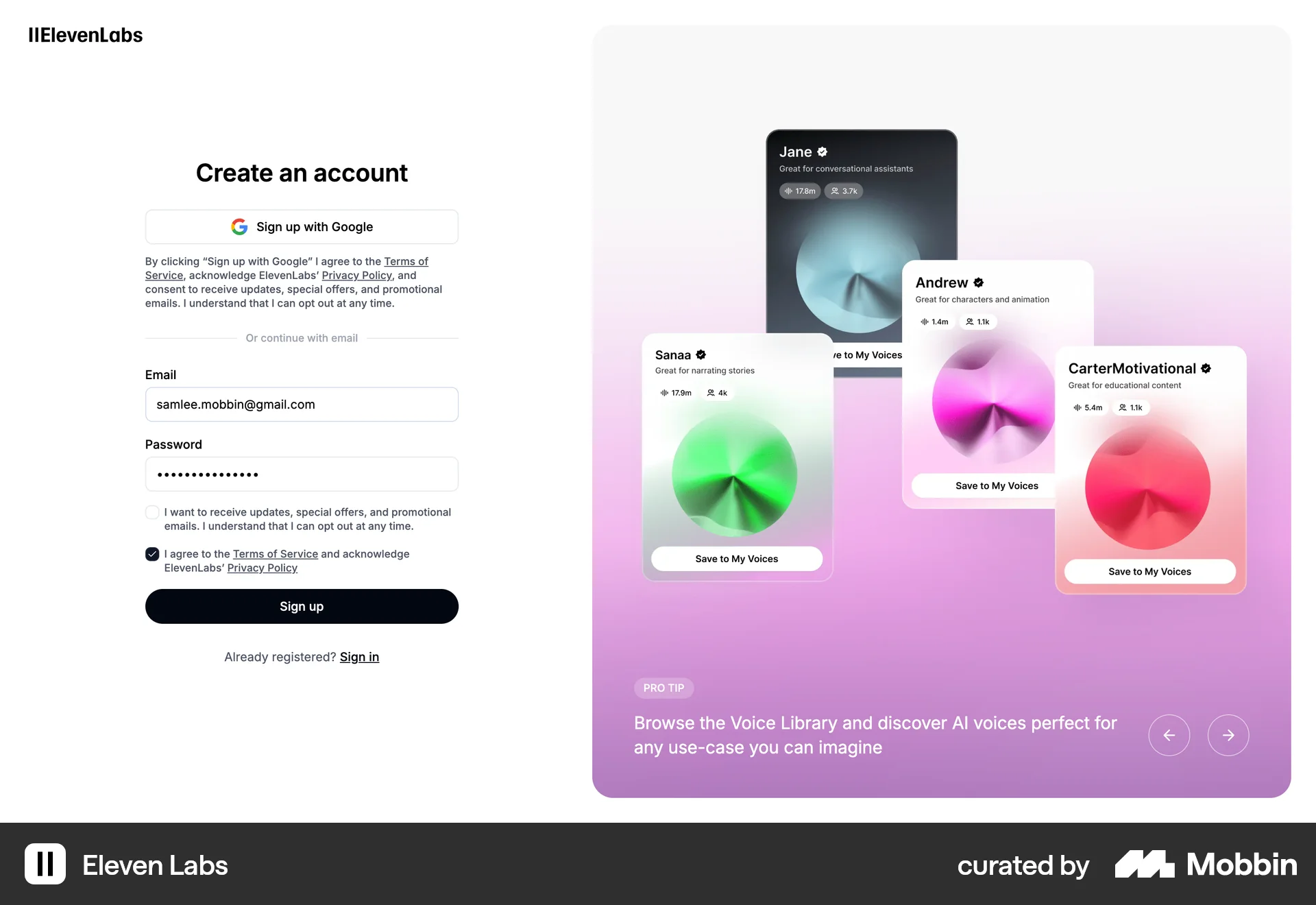 ElevenLabs Web Signup screen