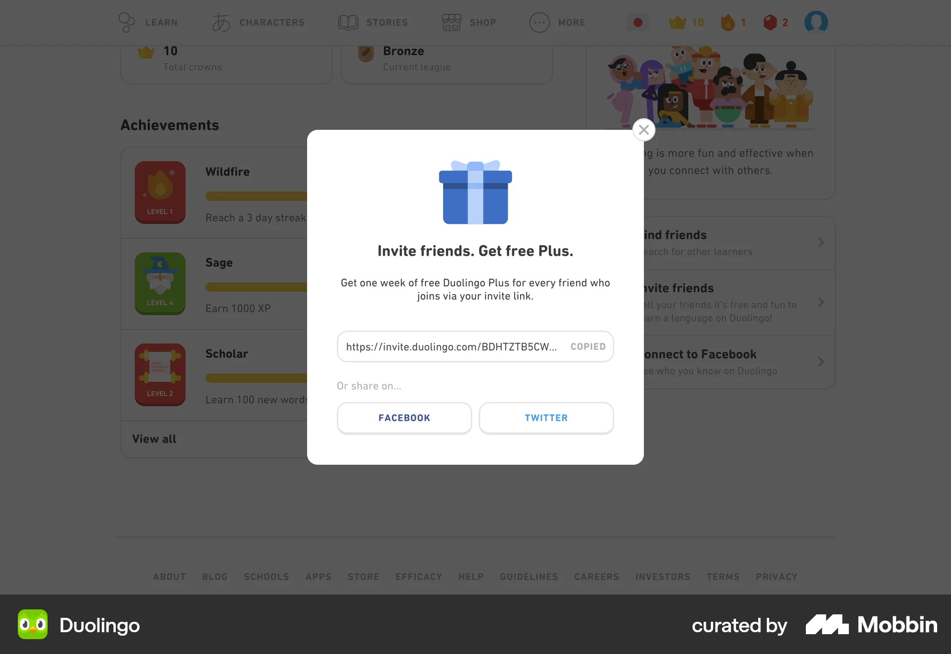 Duolingo Web Invite & Refer Friends screen