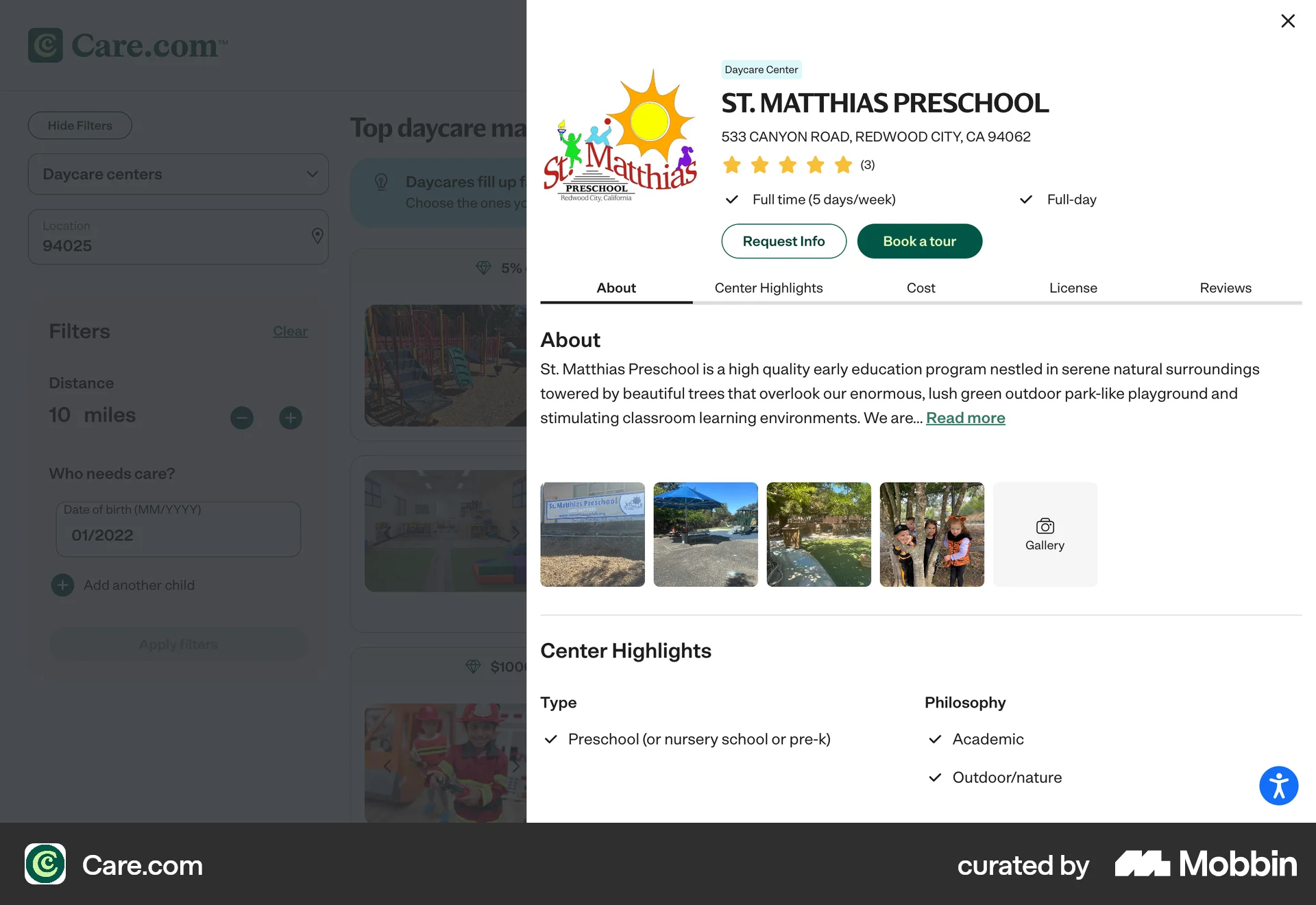 Care.com Web screen containing Gallery UI element