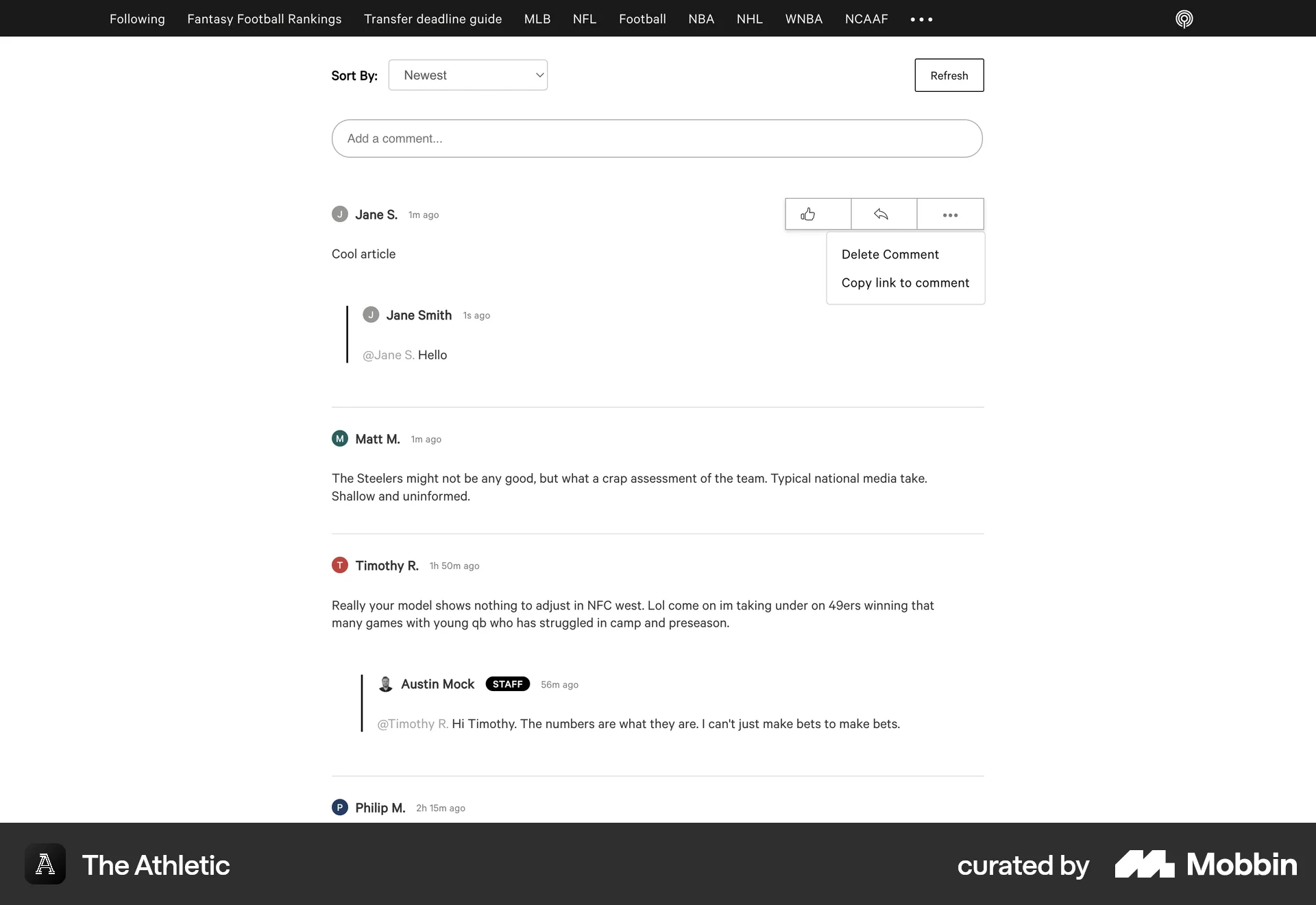 The Athletic Web Action Option screen