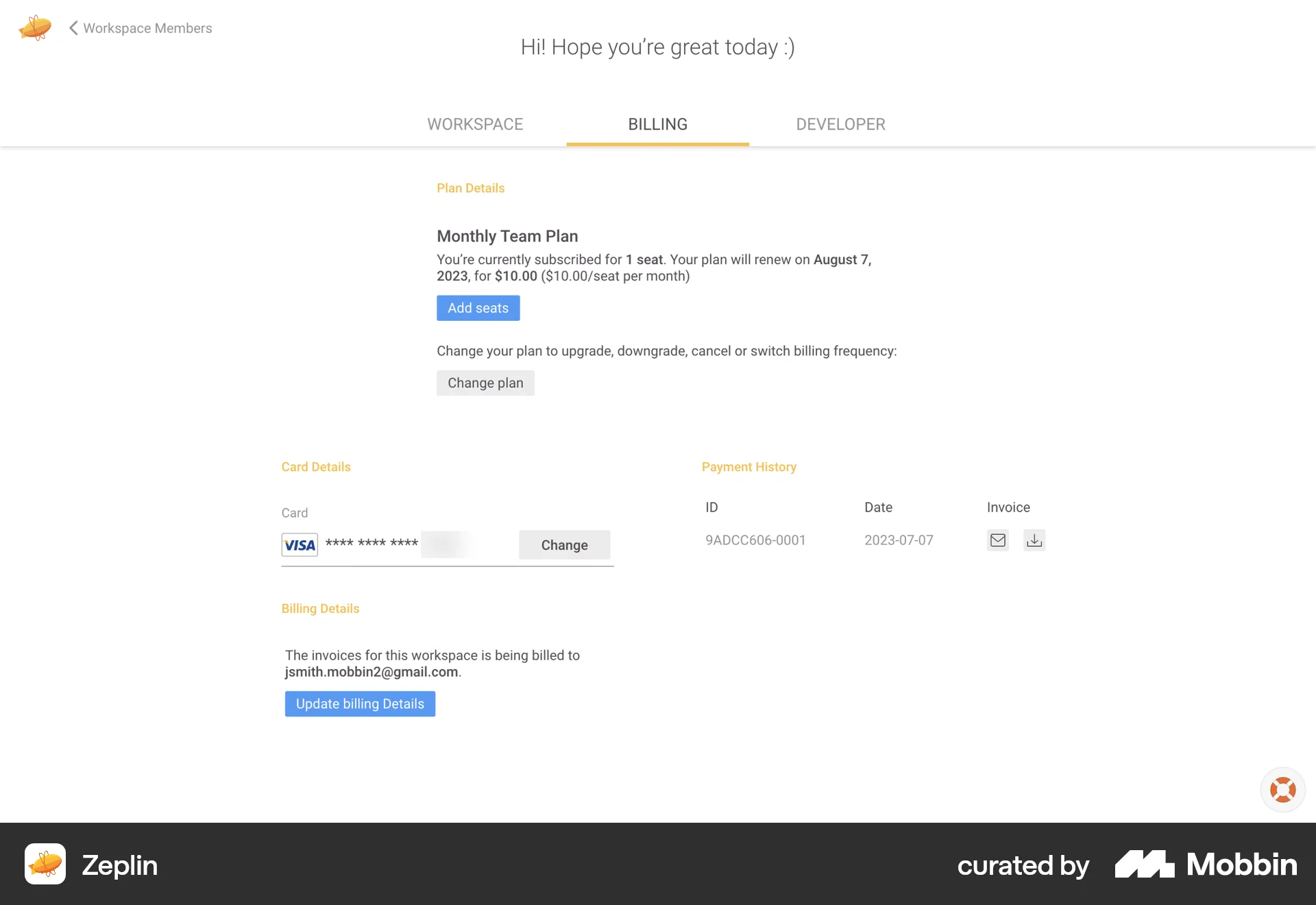 Zeplin Web Billing screen