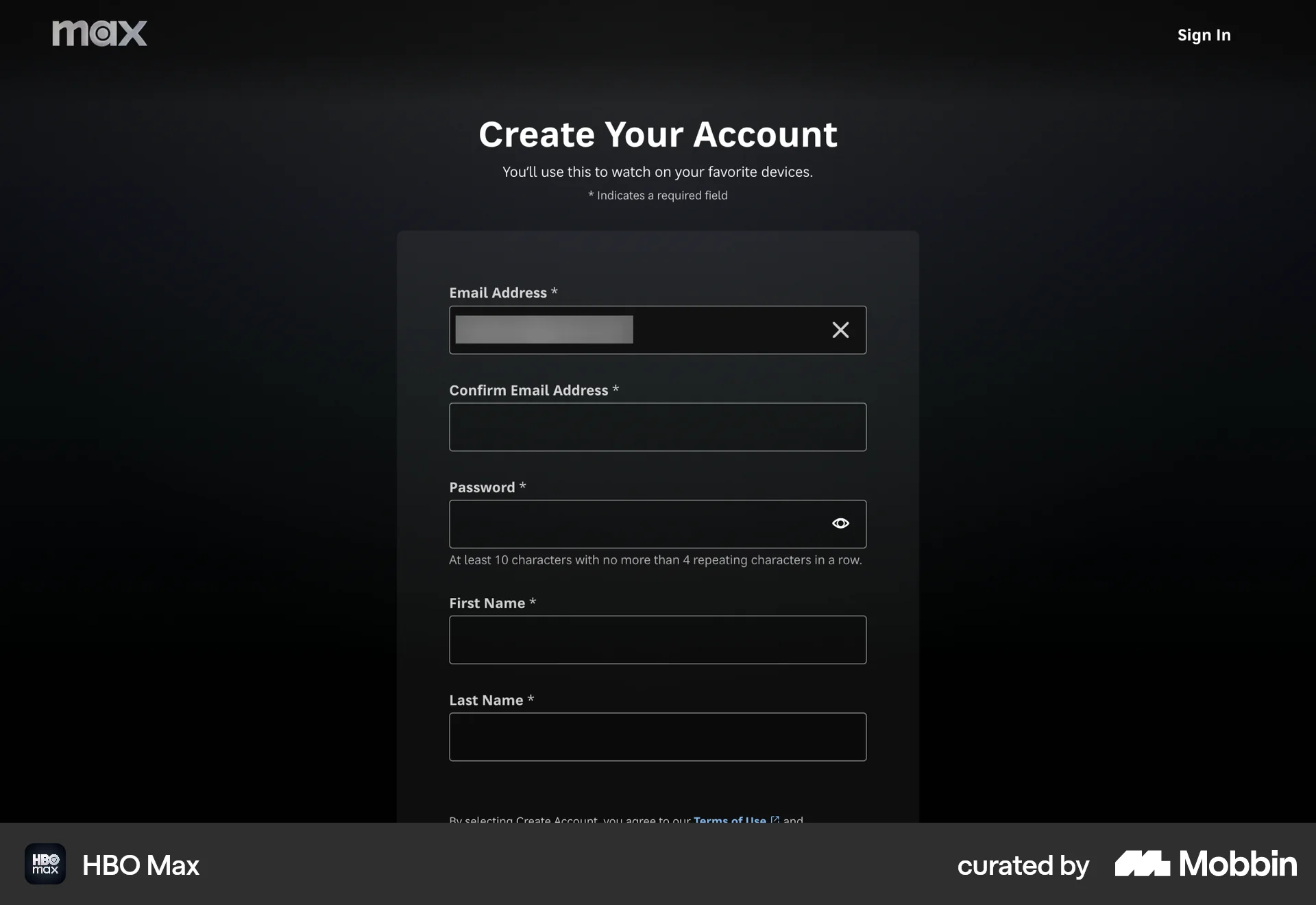 HBO Max Web Signup screen