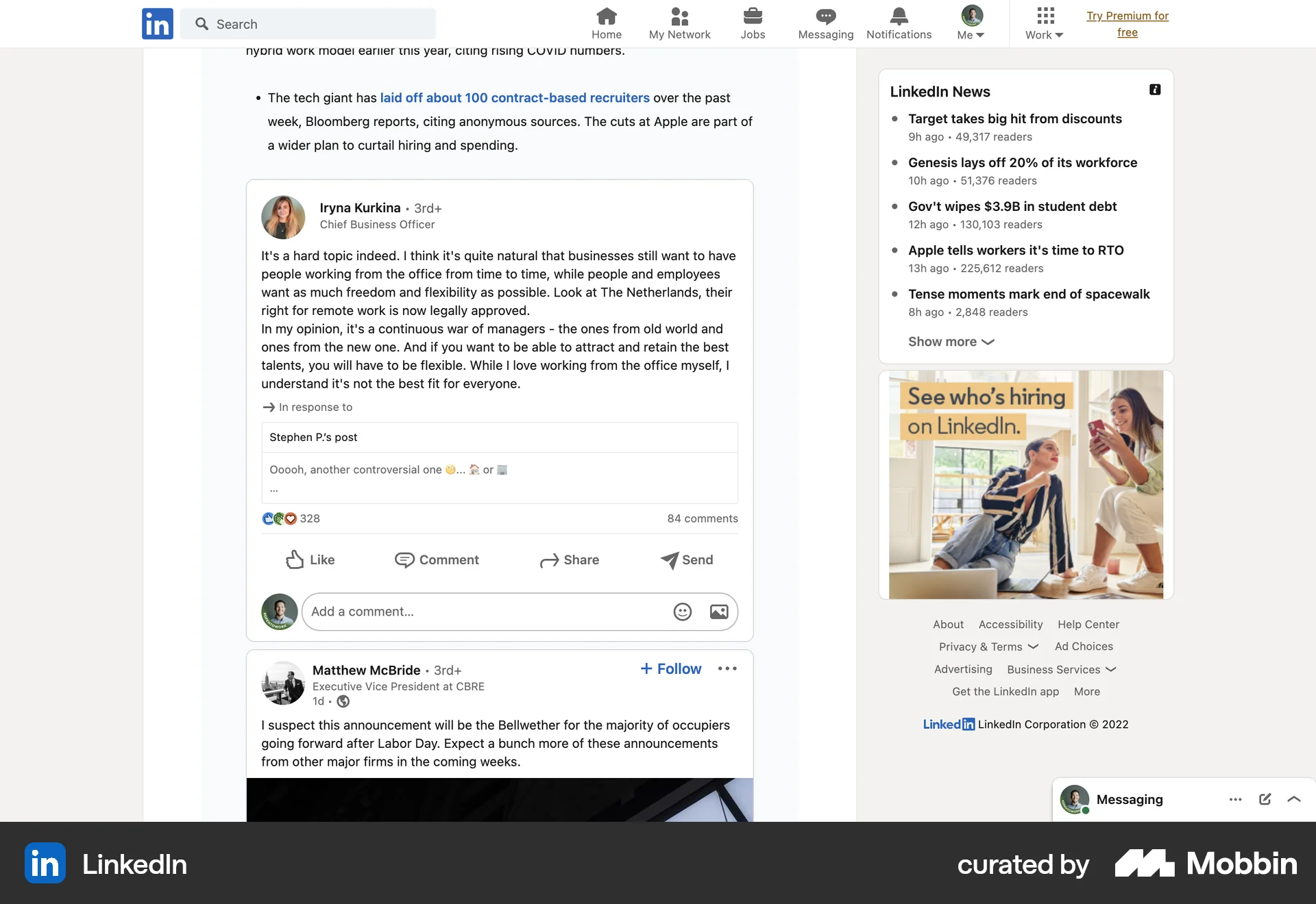 LinkedIn Web Social Feed screen