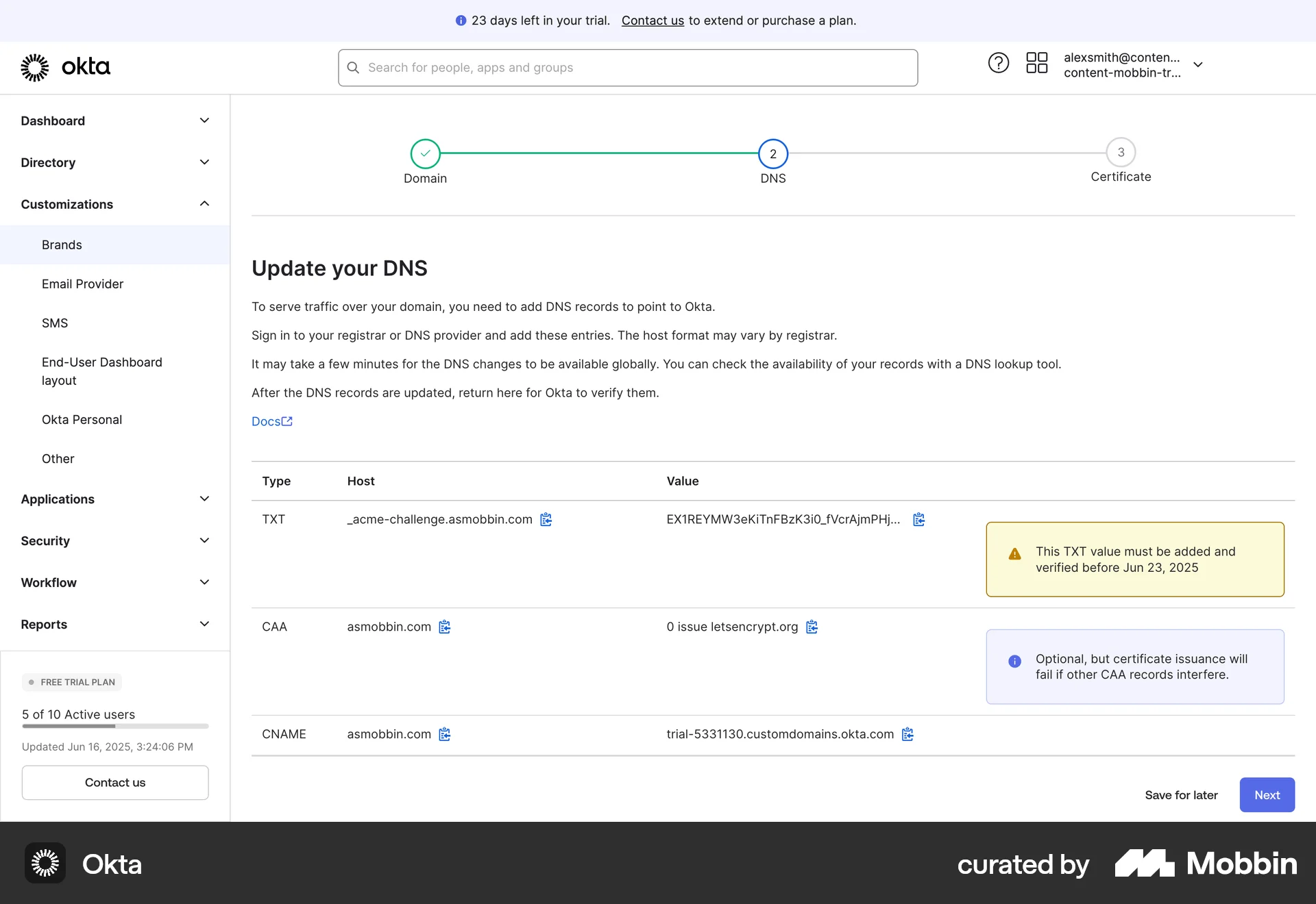 Okta Web Progress screen