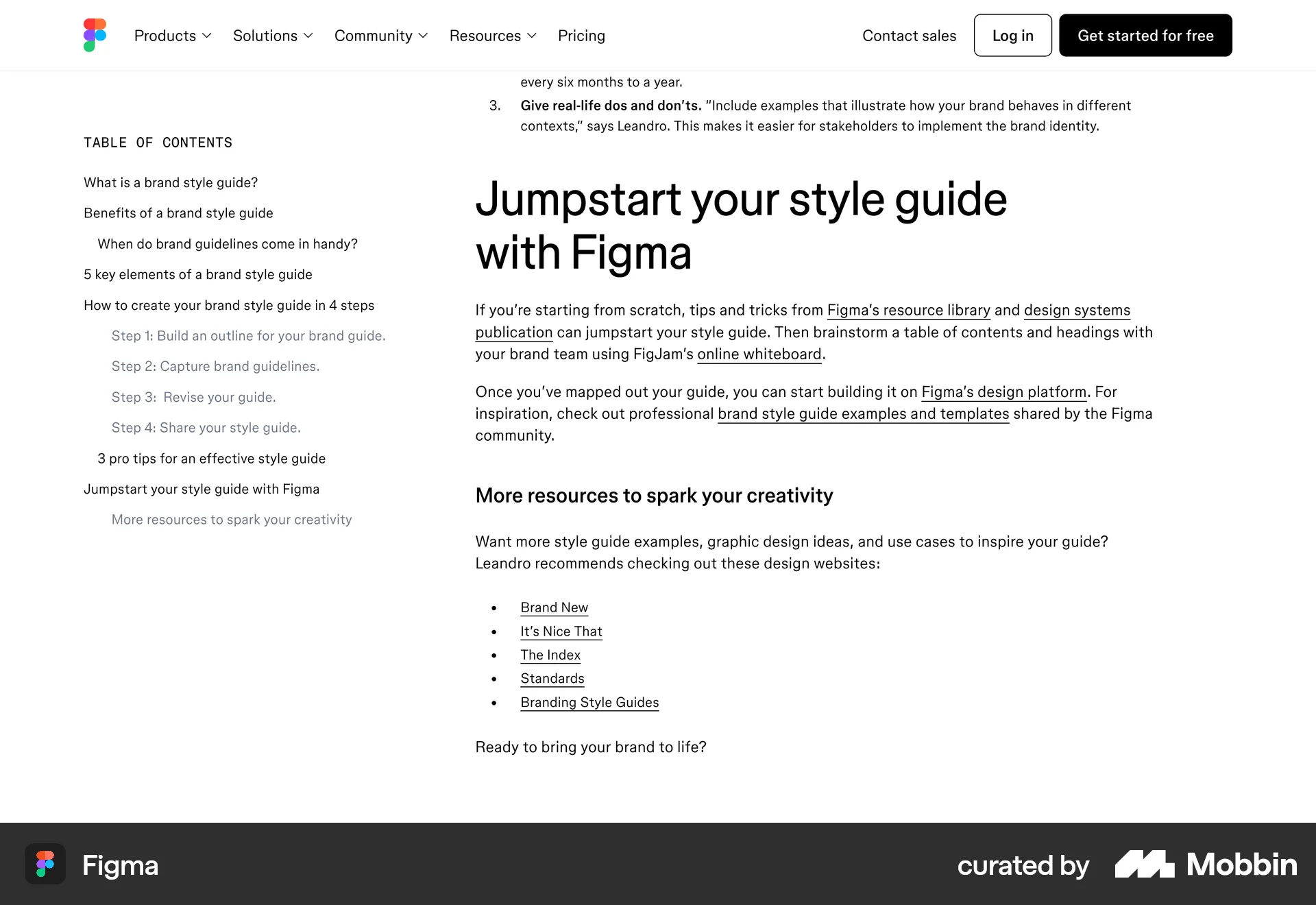 Figma Web screen containing Table of Contents UI element