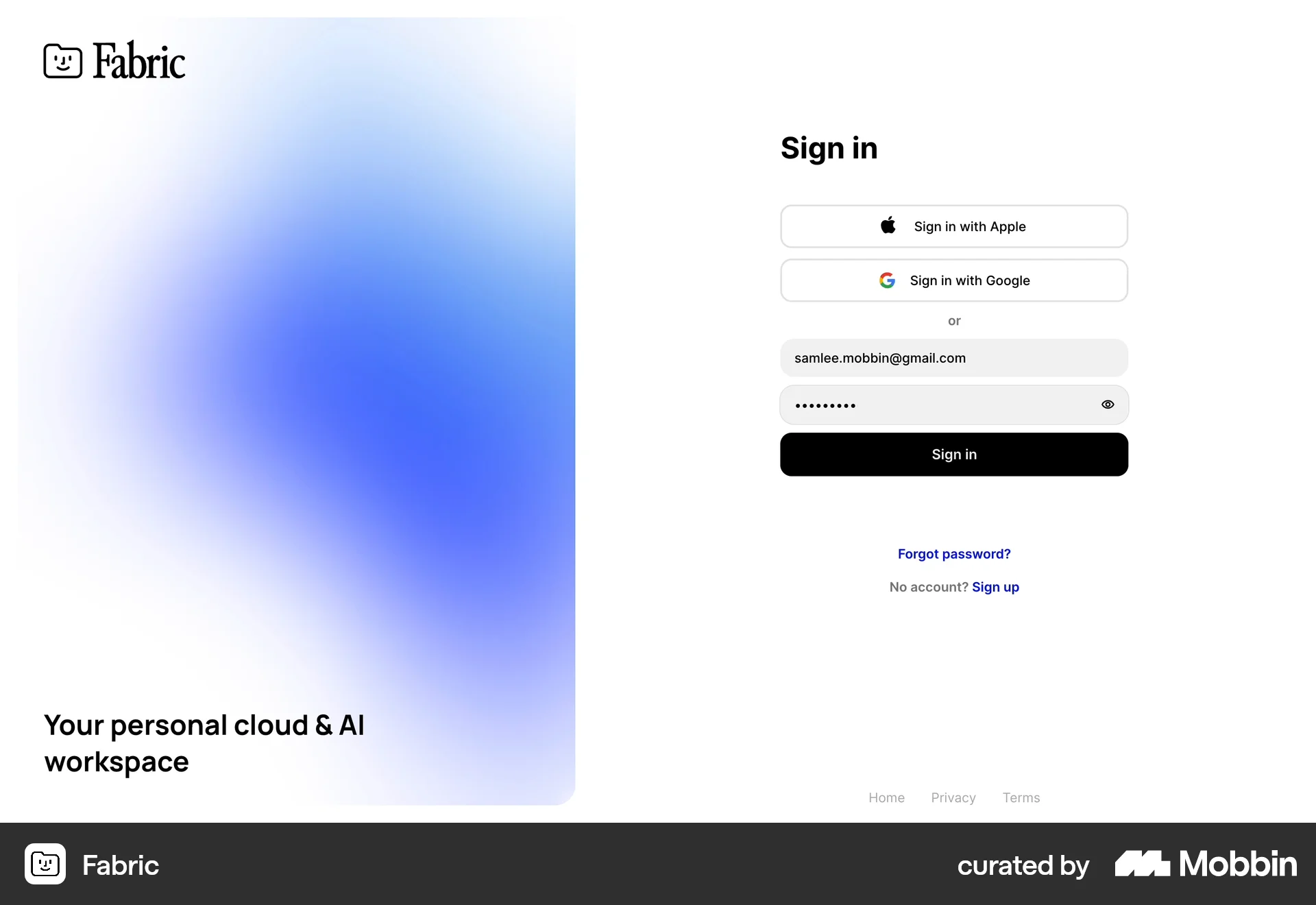 Fabric Web Login screen
