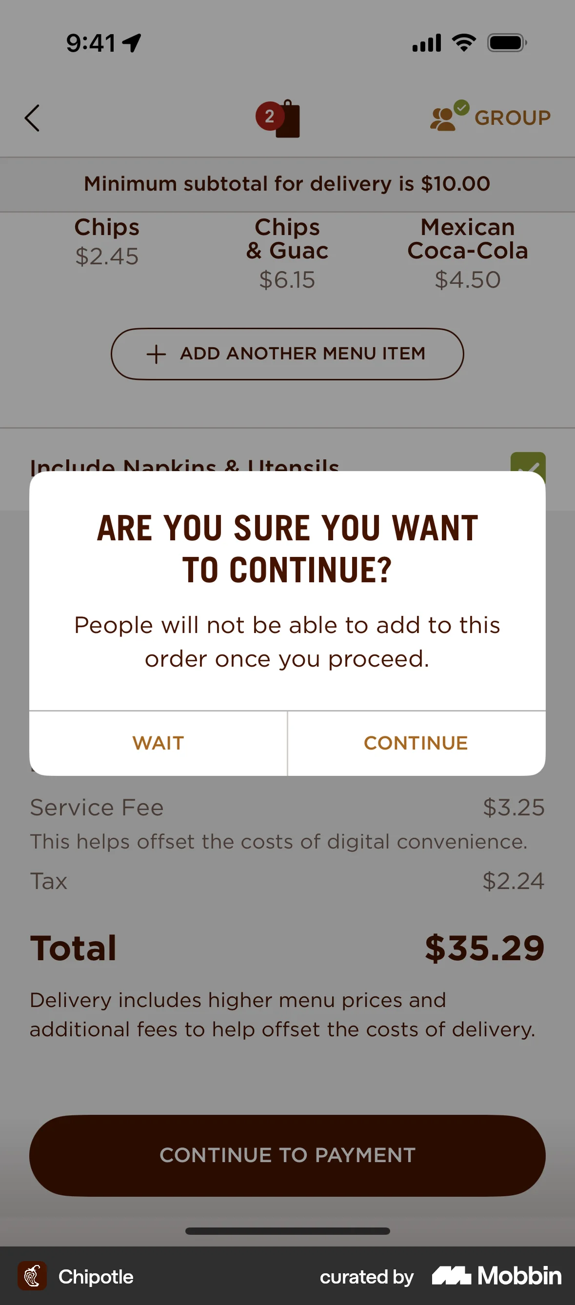 Chipotle iOS Confirmation screen
