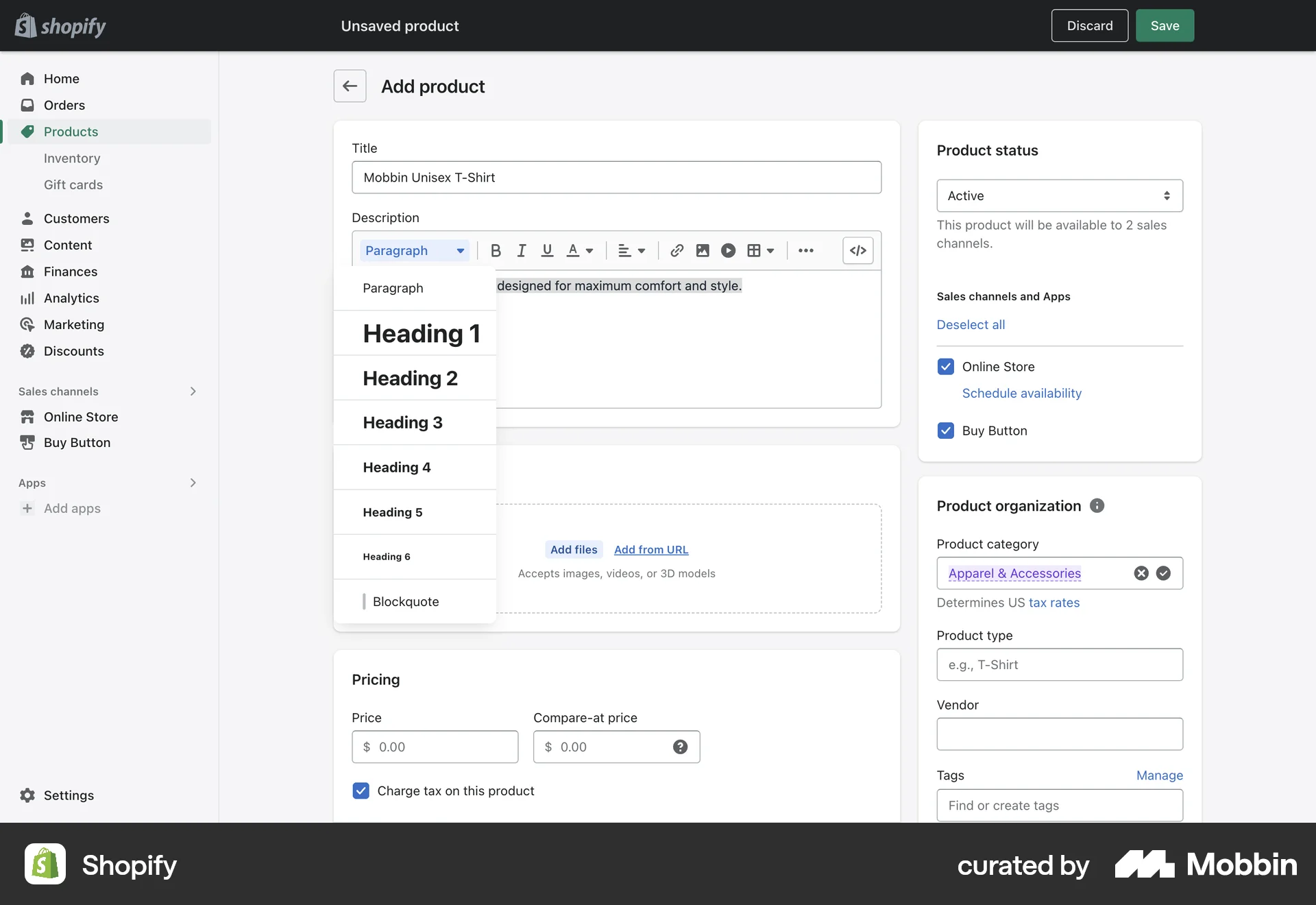 Shopify Web screen containing Dropdown Menu UI element