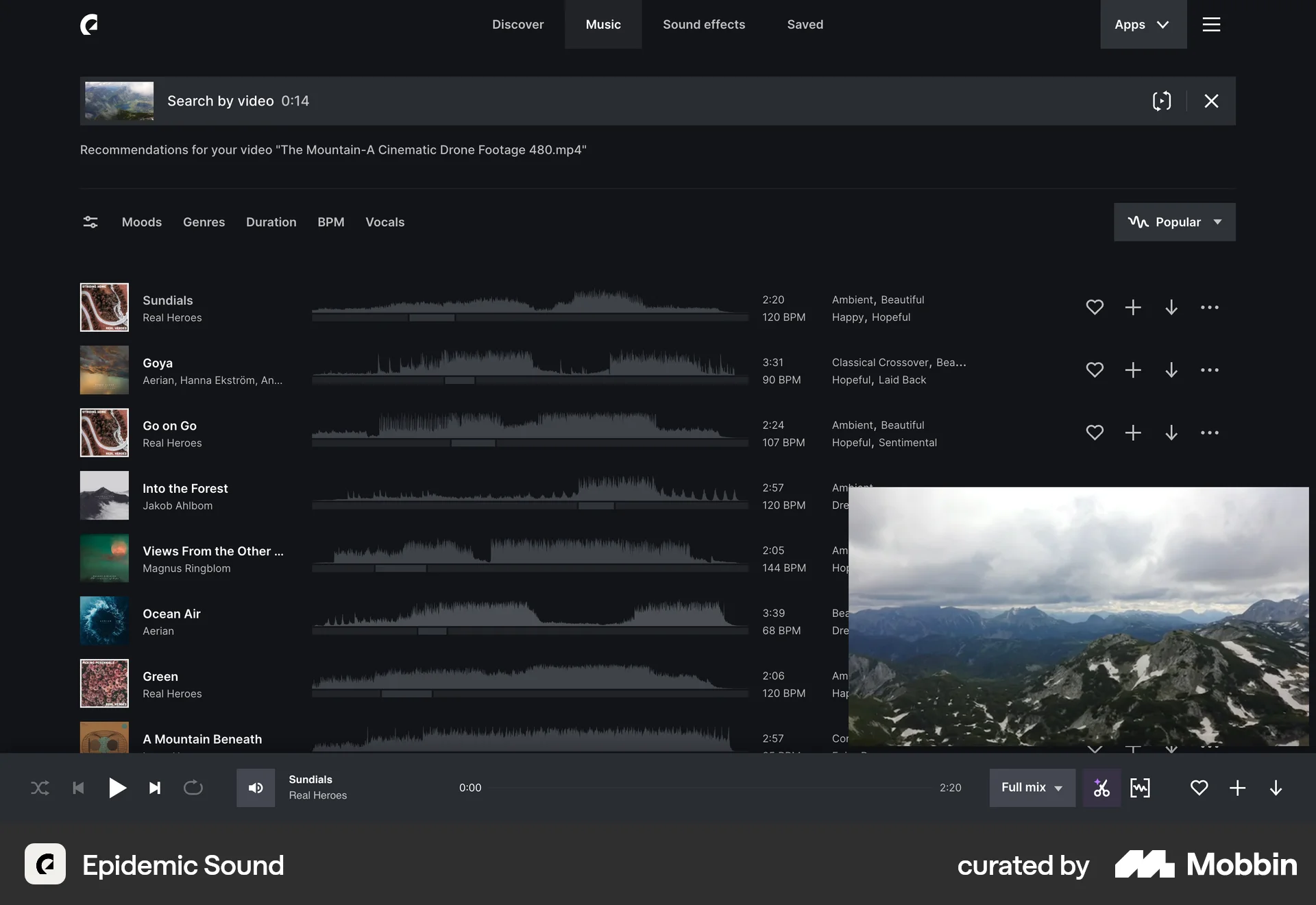 Epidemic Sound Web Audio Player screen