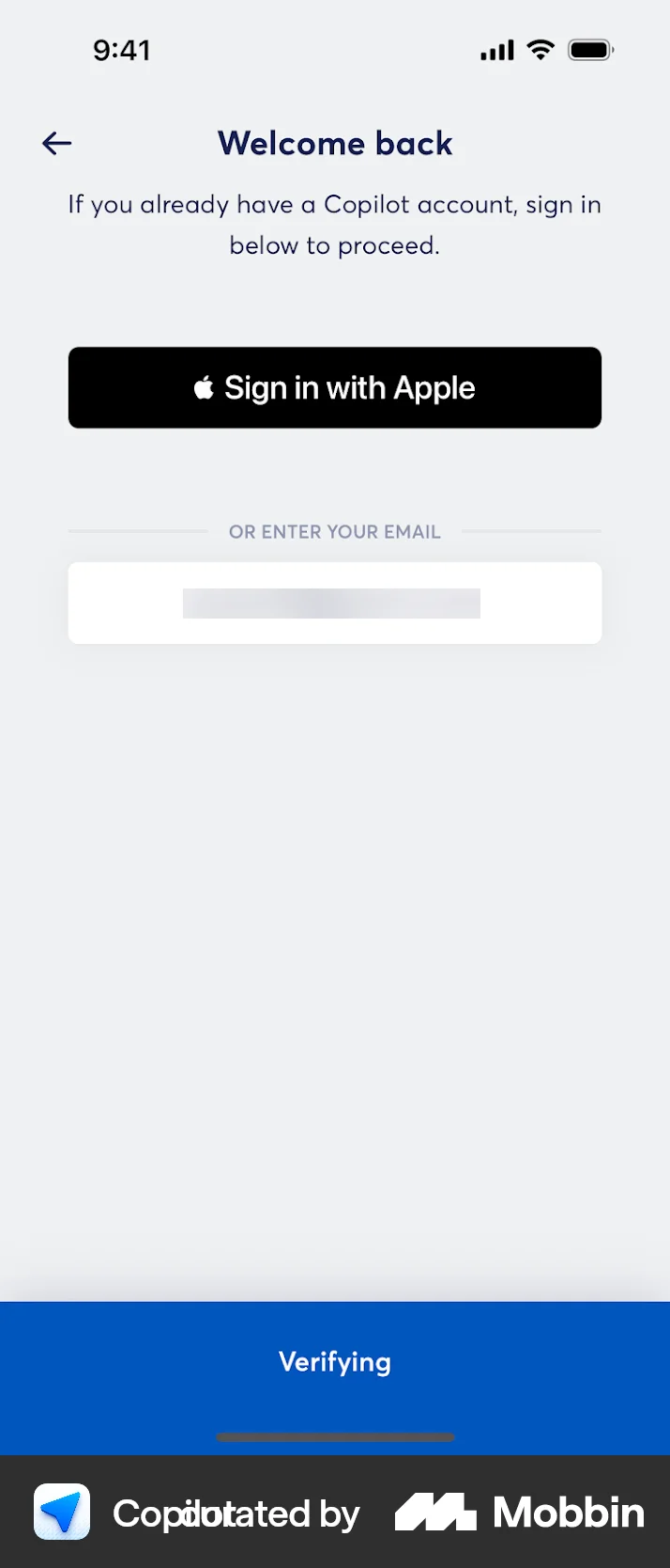 Copilot iOS Login screen