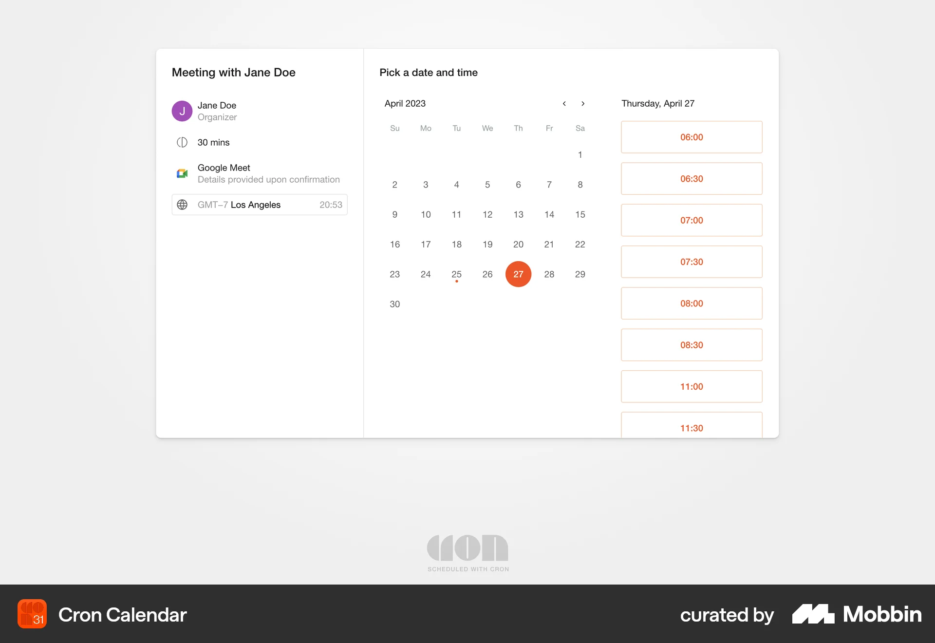 Cron Calendar Web screen containing Time Picker UI element