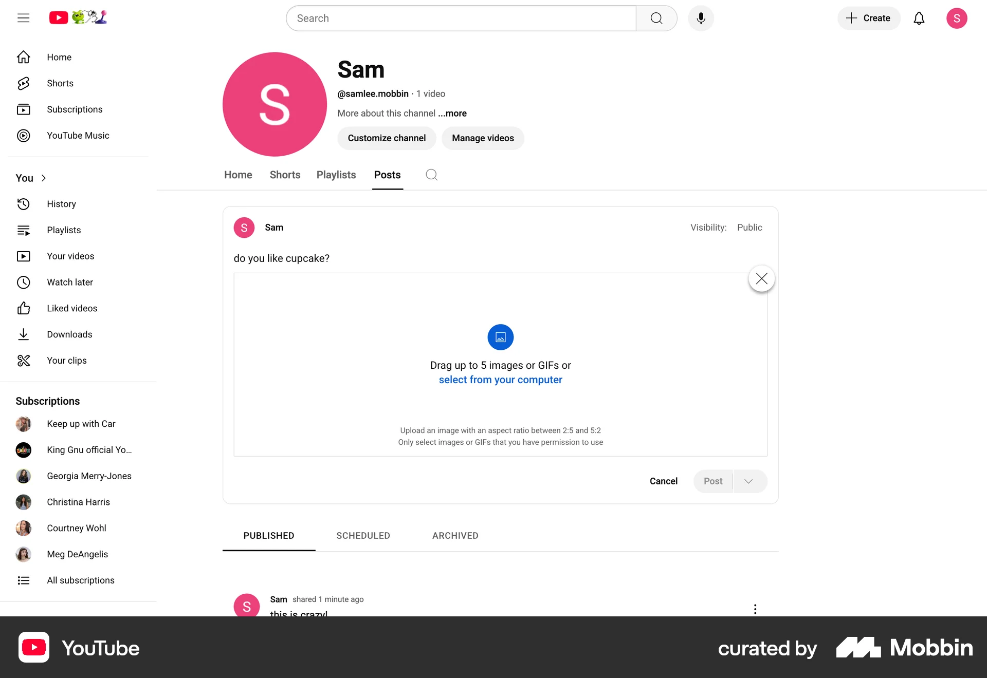 YouTube Web screen containing File Upload UI element