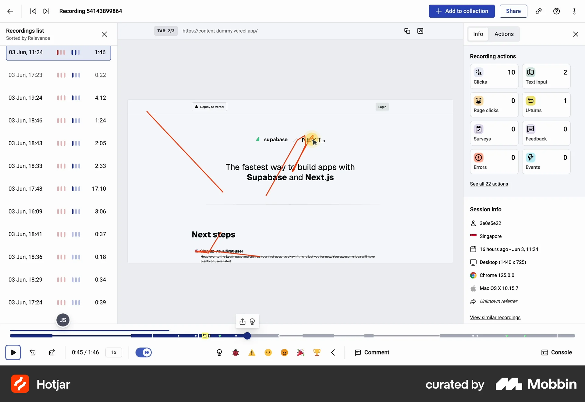 Hotjar Web Video Player screen
