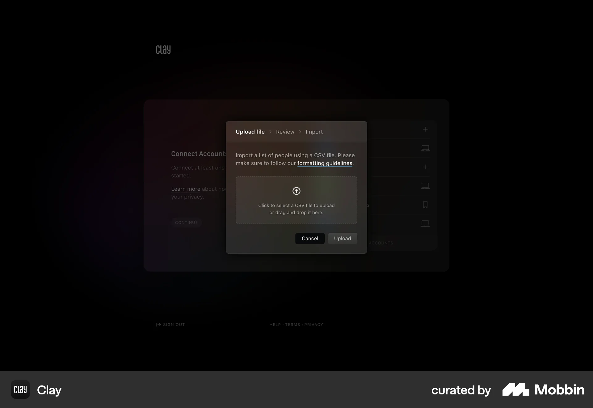Clay Web Import & Export screen