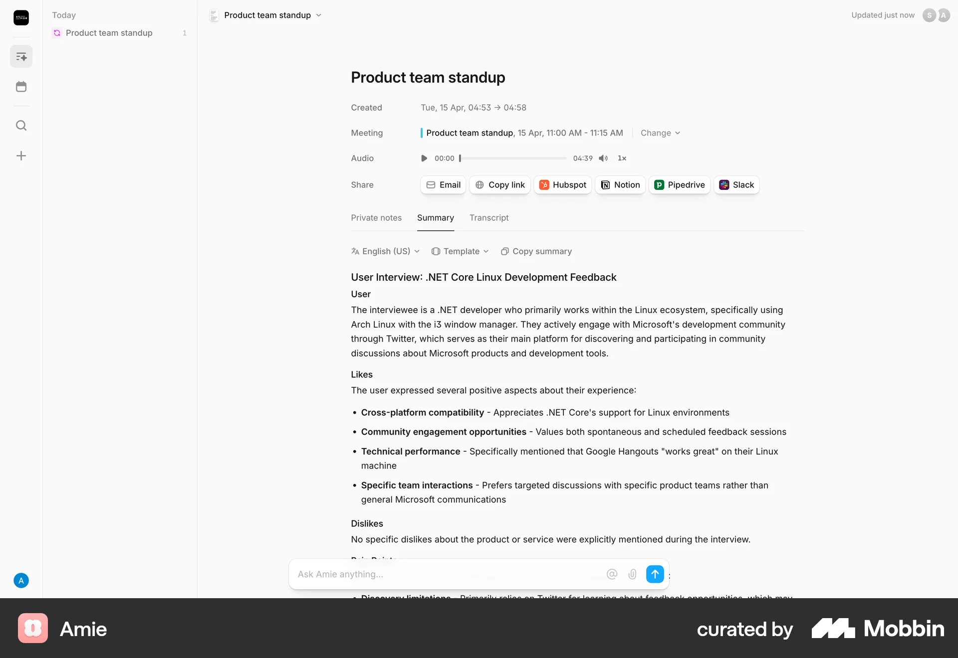 Amie Web Note Detail screen