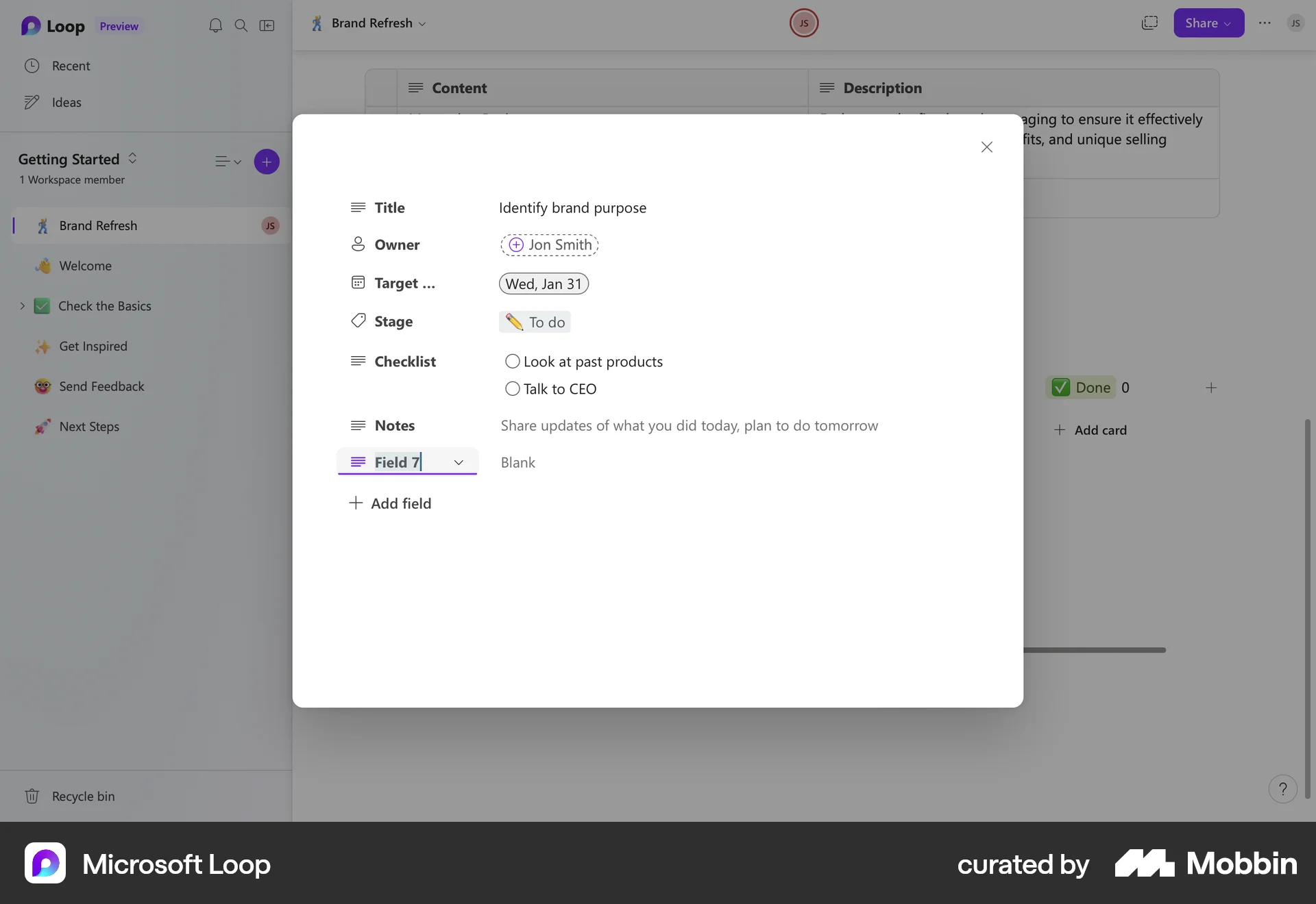 Microsoft Loop Web screen containing Editable Text UI element