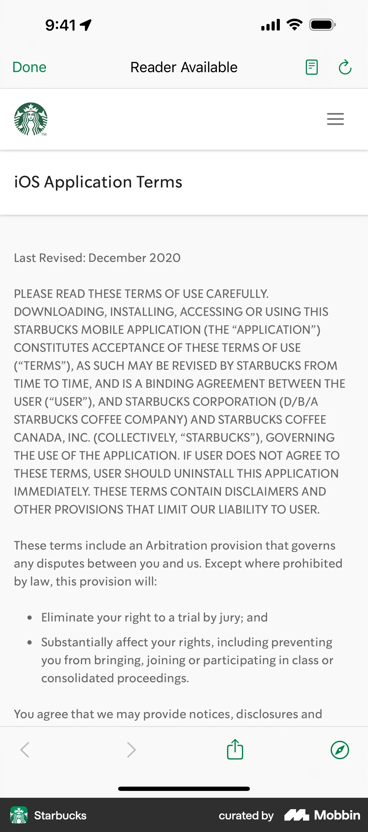Starbucks iOS Terms & Conditions screen