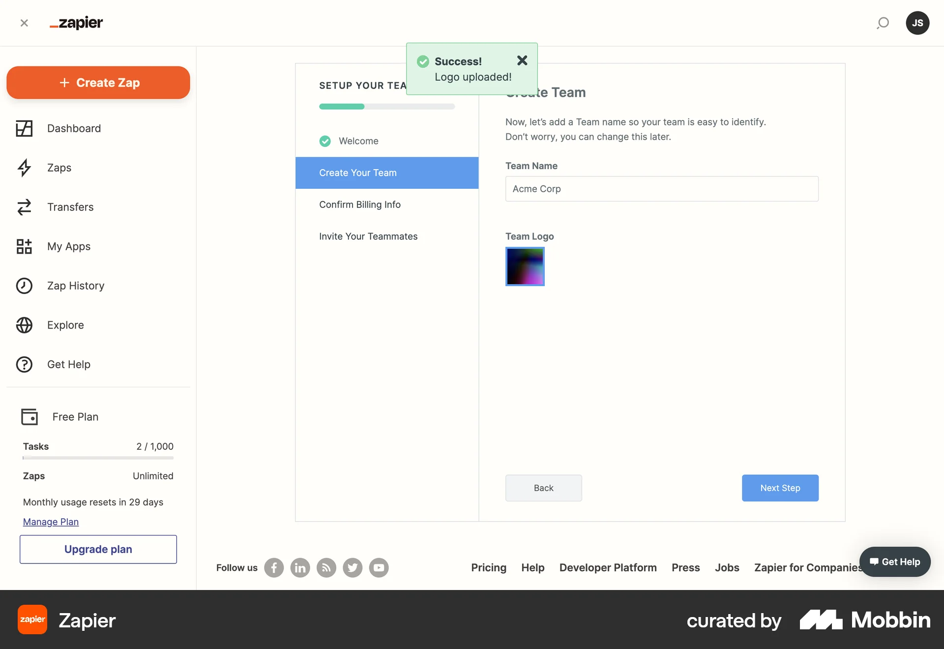 Zapier Web screen containing Toast UI element