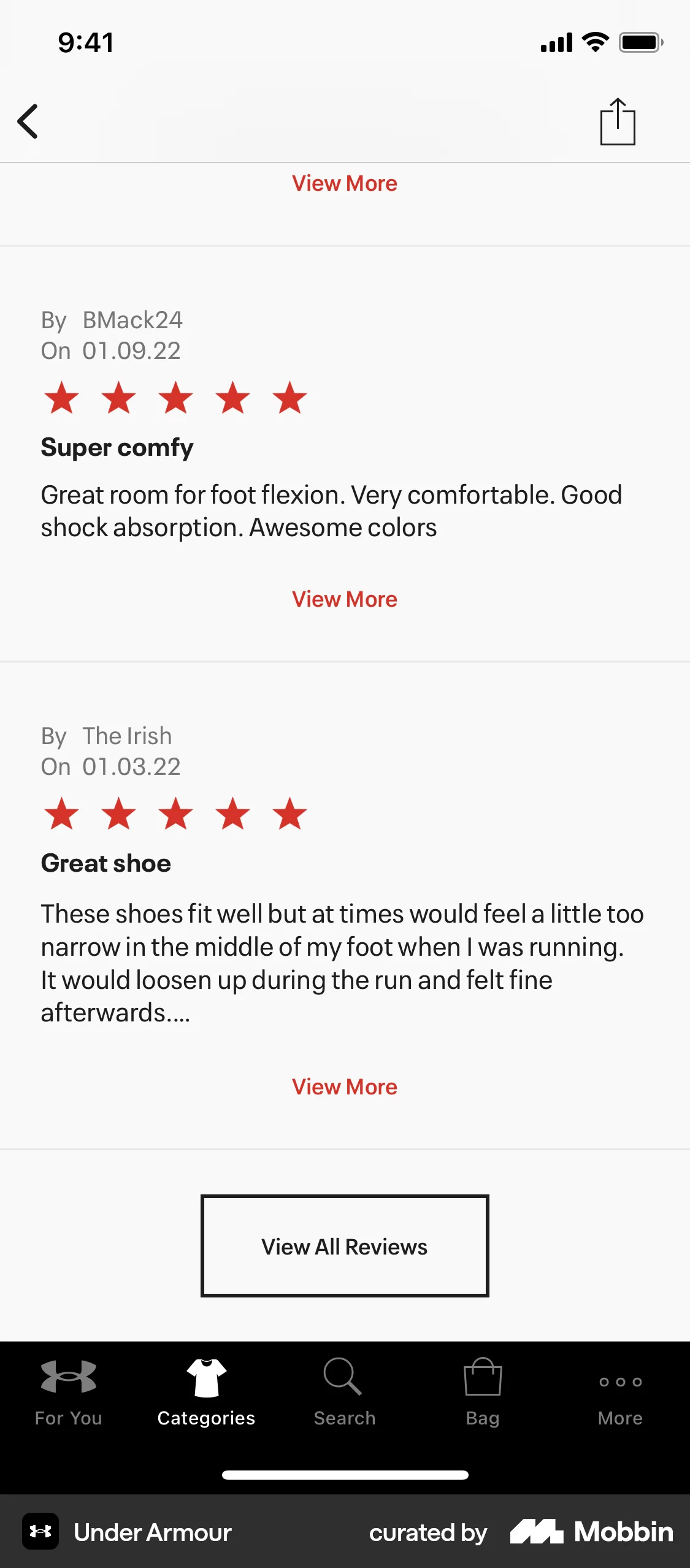 Under Armour iOS Reviews & Ratings screen
