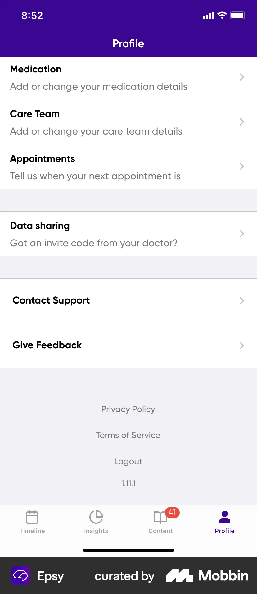 Epsy iOS My Account & Profile screen