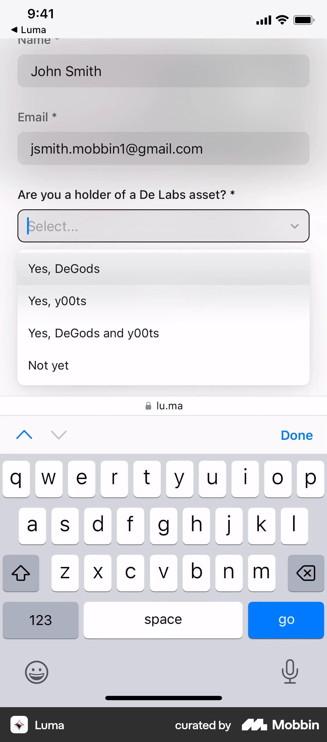 Luma iOS screen containing Dropdown Menu UI element