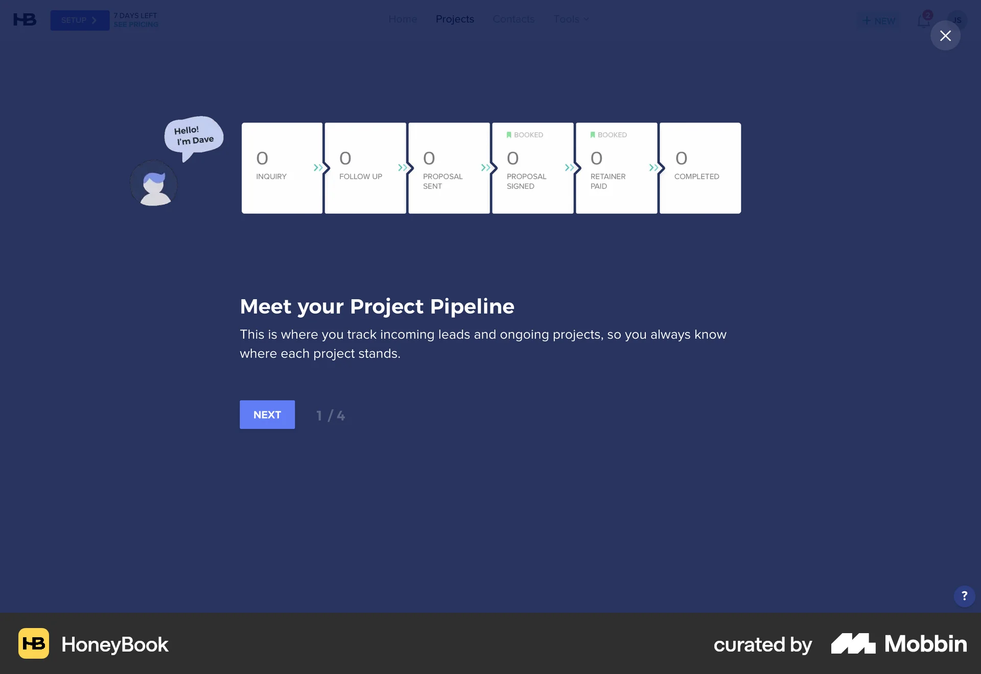 HoneyBook Web Guided Tour & Tutorial screen