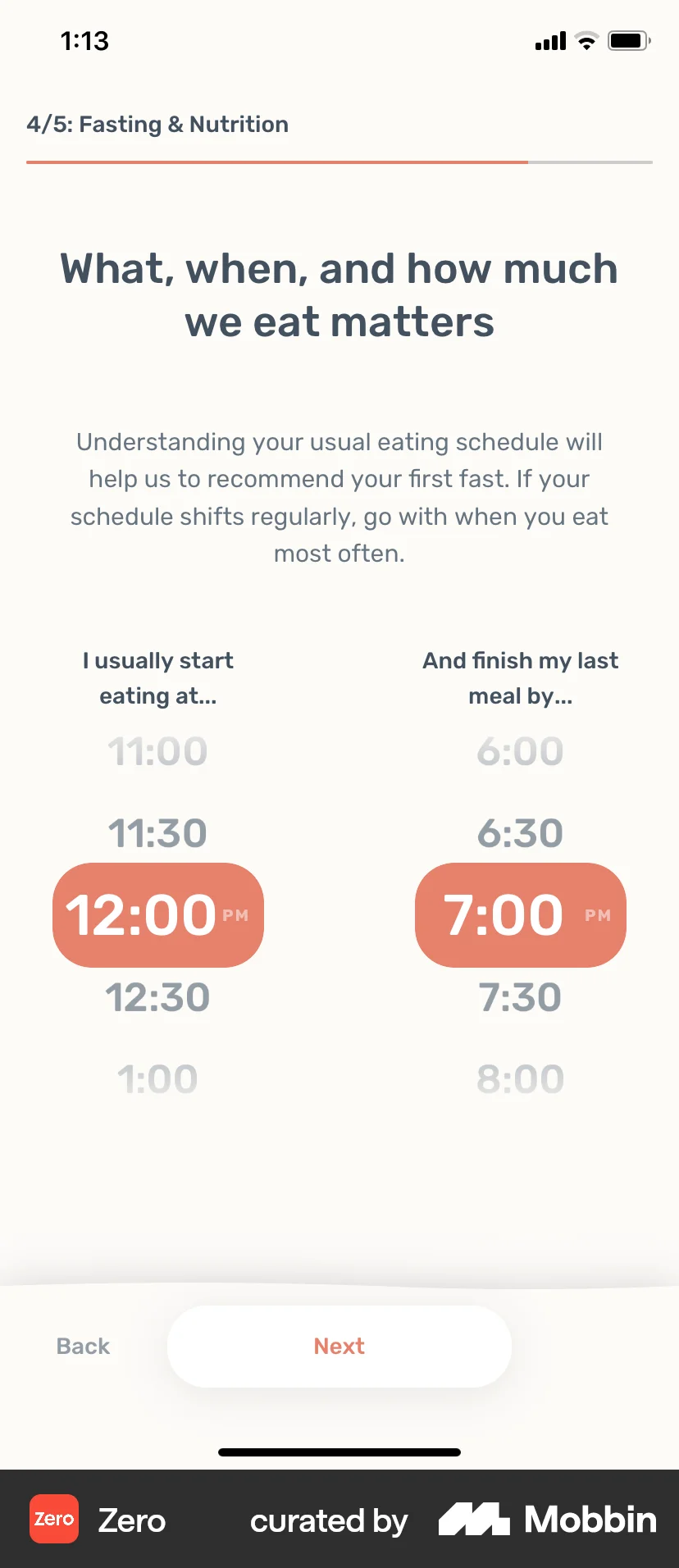 Zero iOS screen containing Time Picker UI element