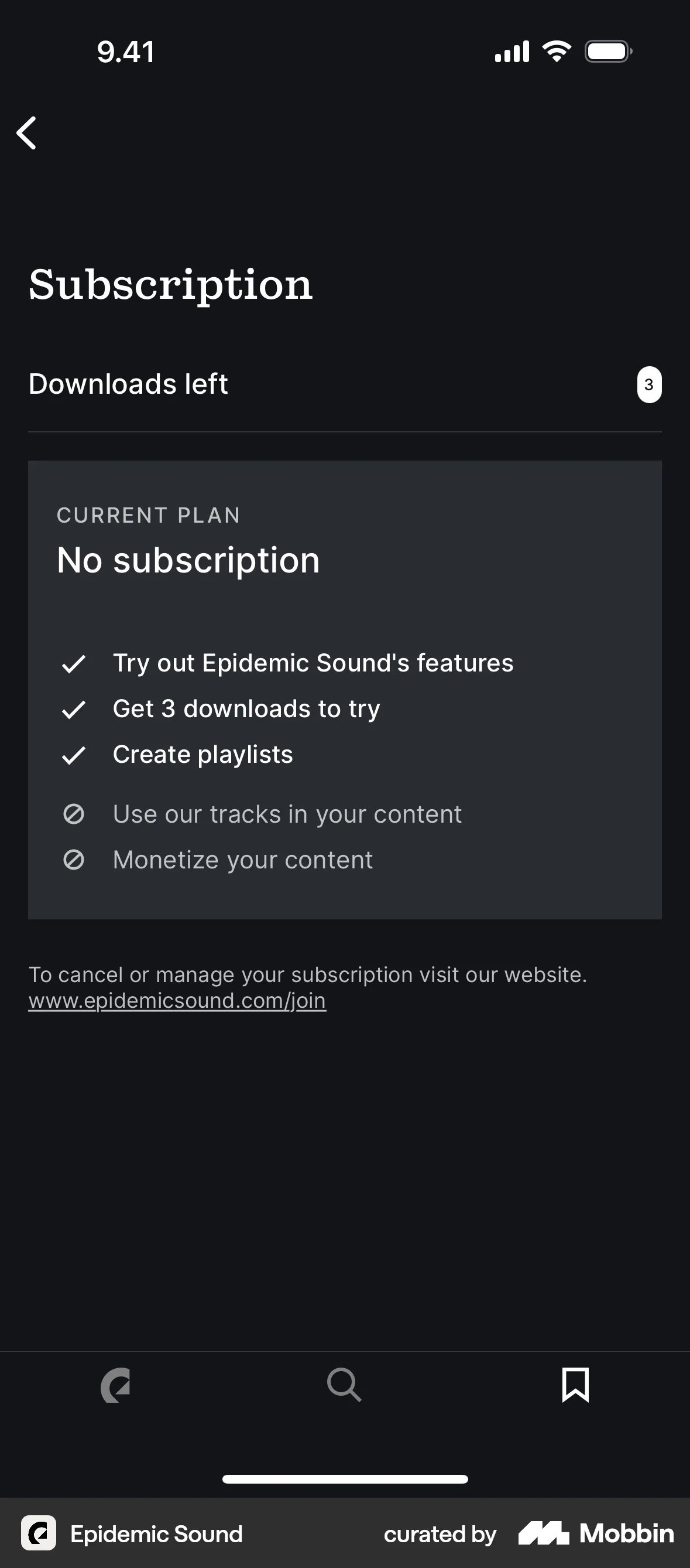 Epidemic Sound iOS Feature Info screen