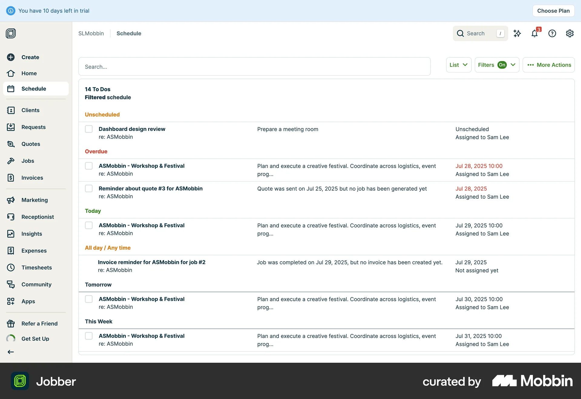 Jobber Web screen containing Stacked List UI element