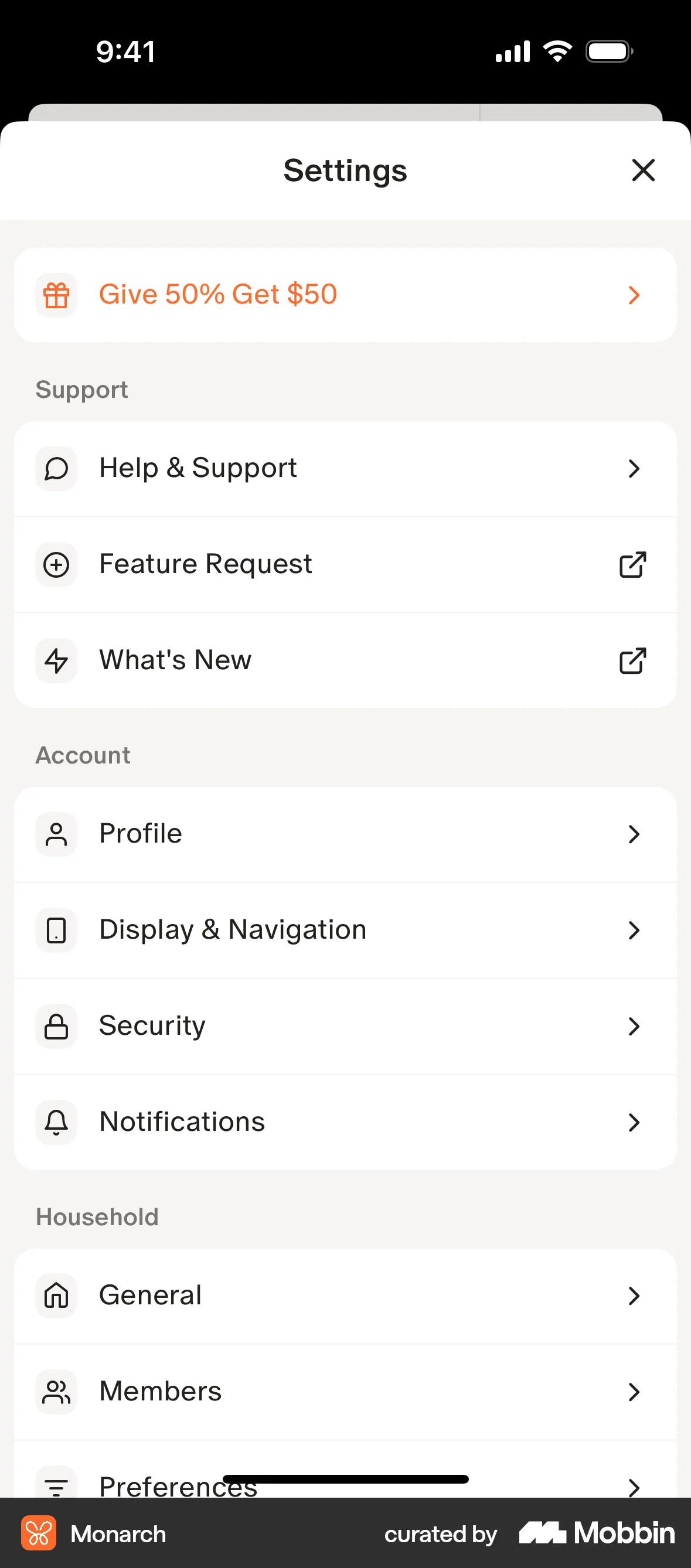 Monarch iOS Settings & Preferences screen