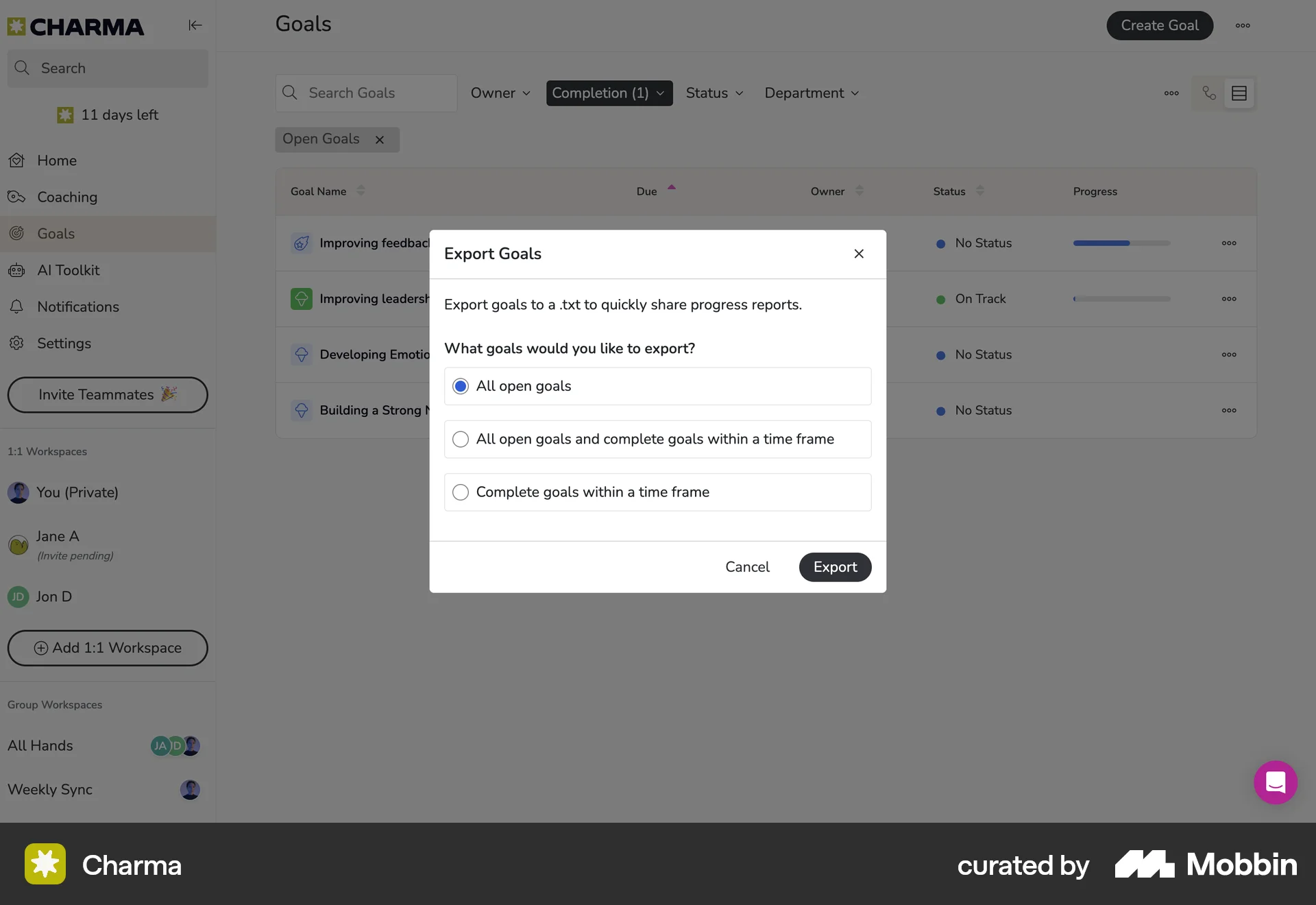 Charma Web Import & Export screen