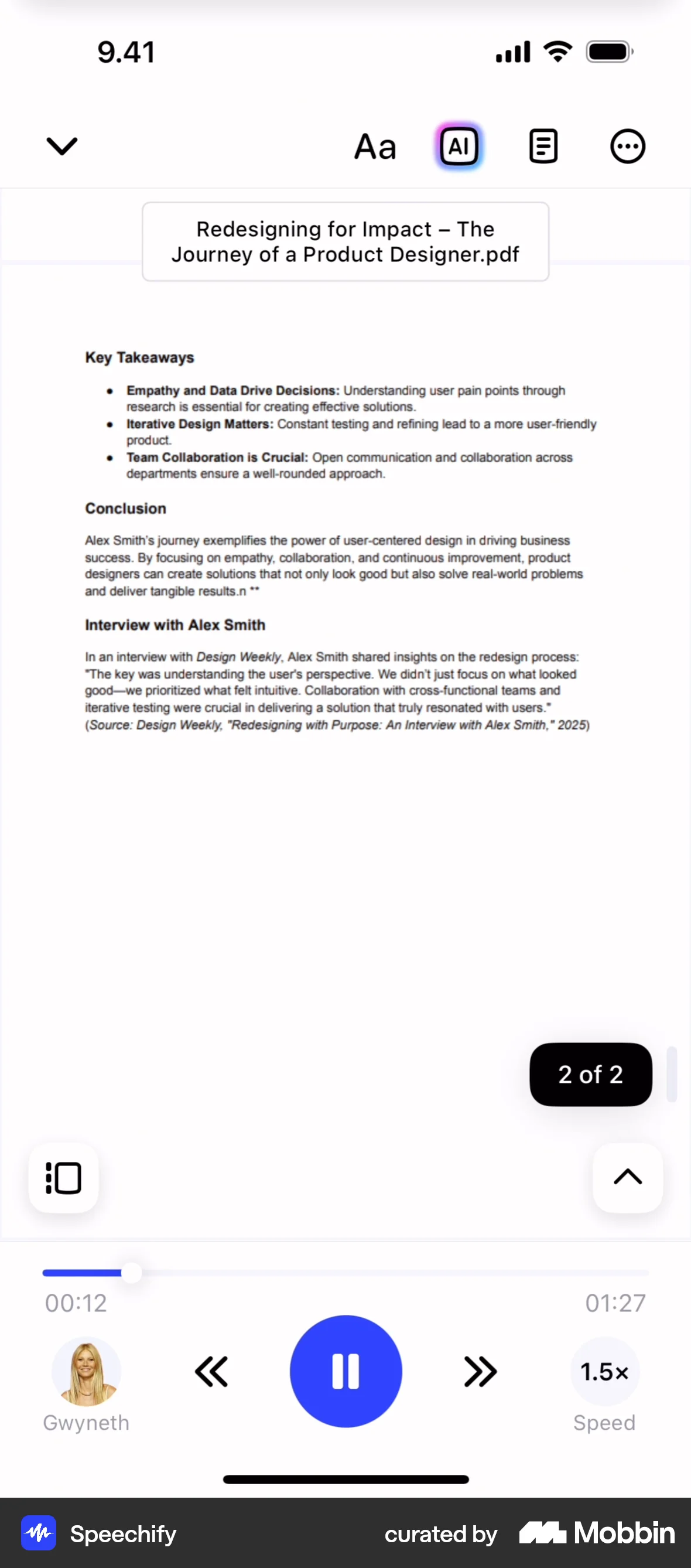 Speechify iOS screen containing Floating Action Button UI element