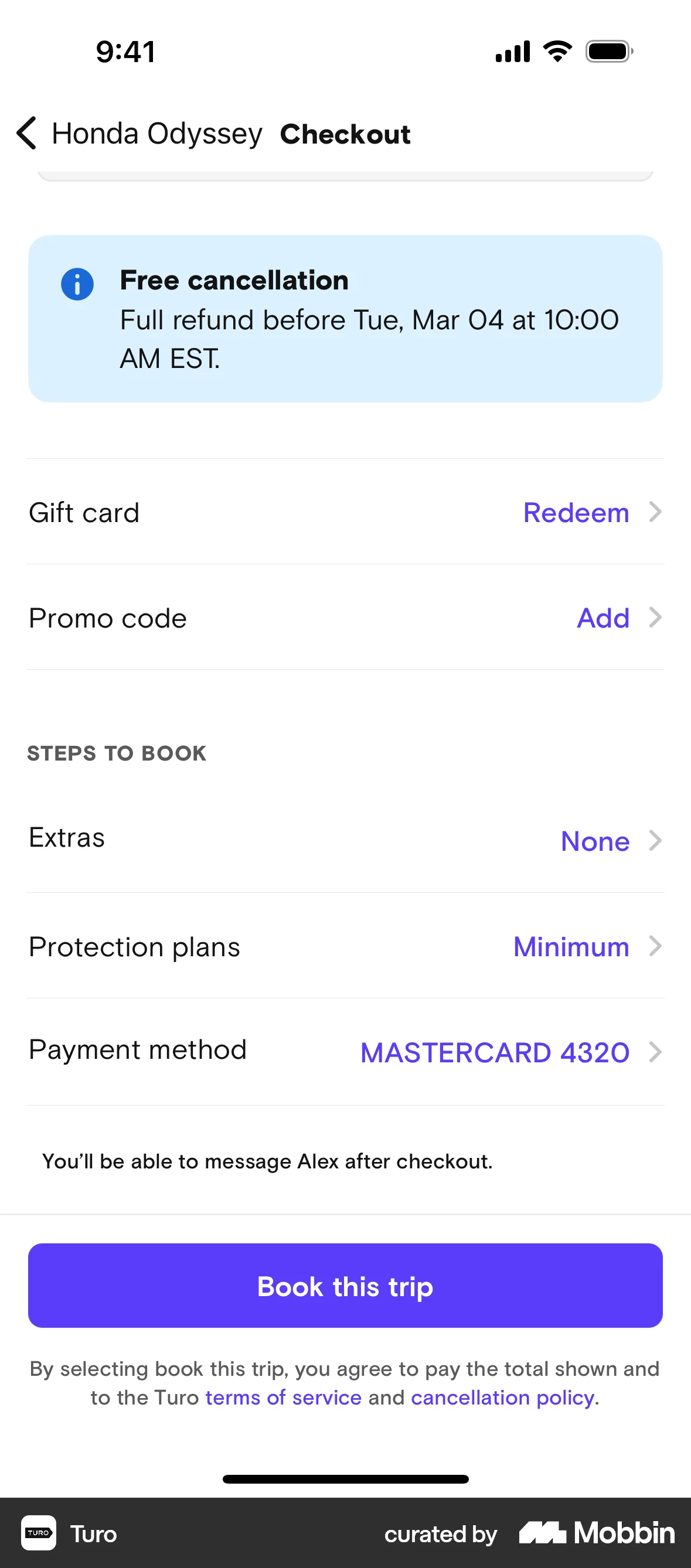 Turo iOS Checkout screen
