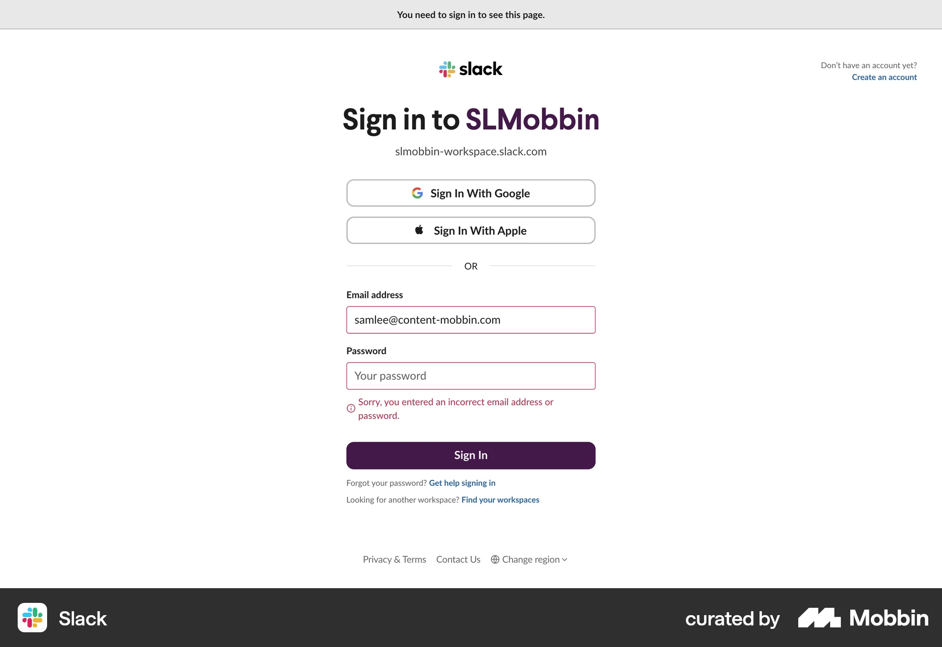 Slack Web Login screen