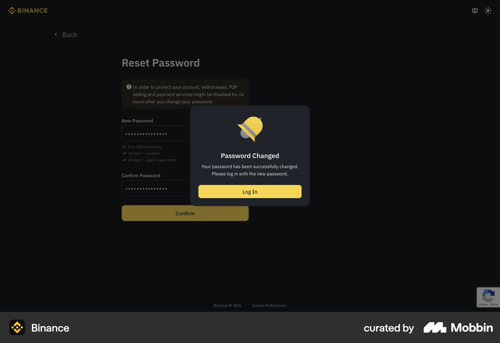 Binance Web Forgot Password screen