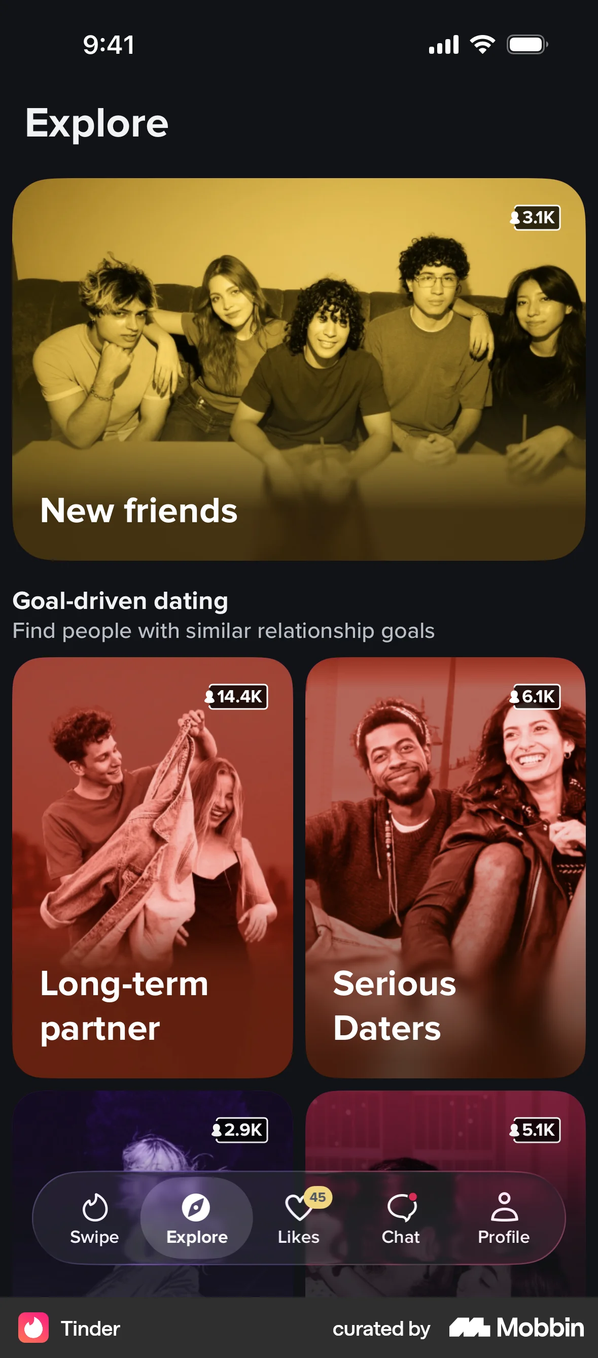 Tinder iOS Dark Mode screen