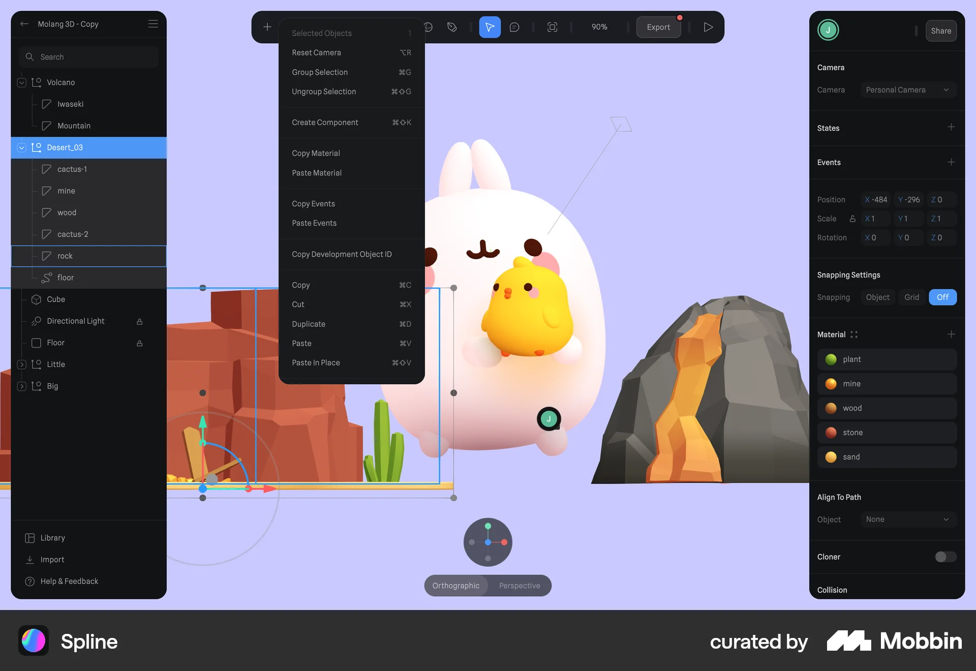 Spline Web screen containing Context Menu UI element