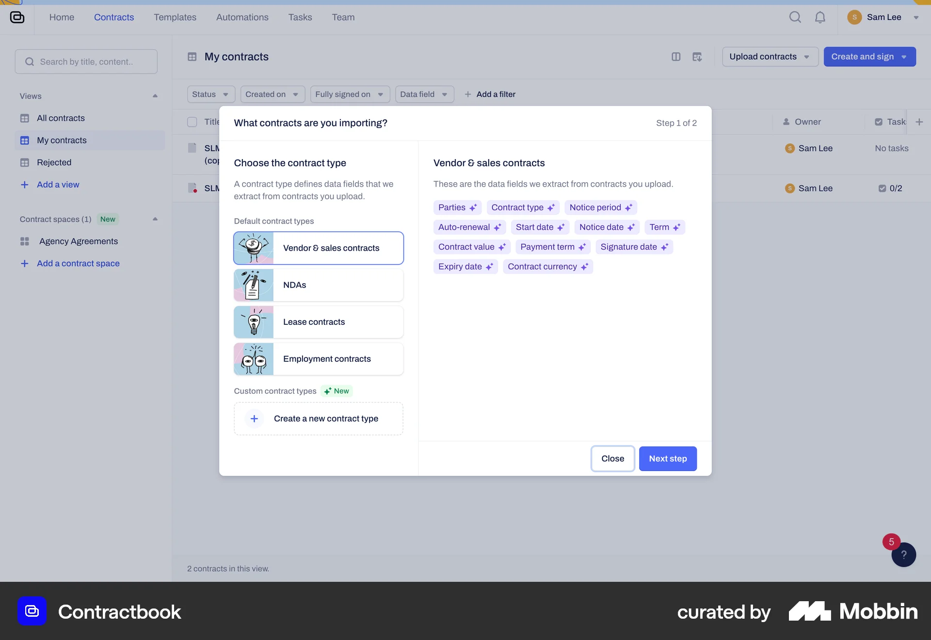 Contractbook Web screen containing Tile UI element