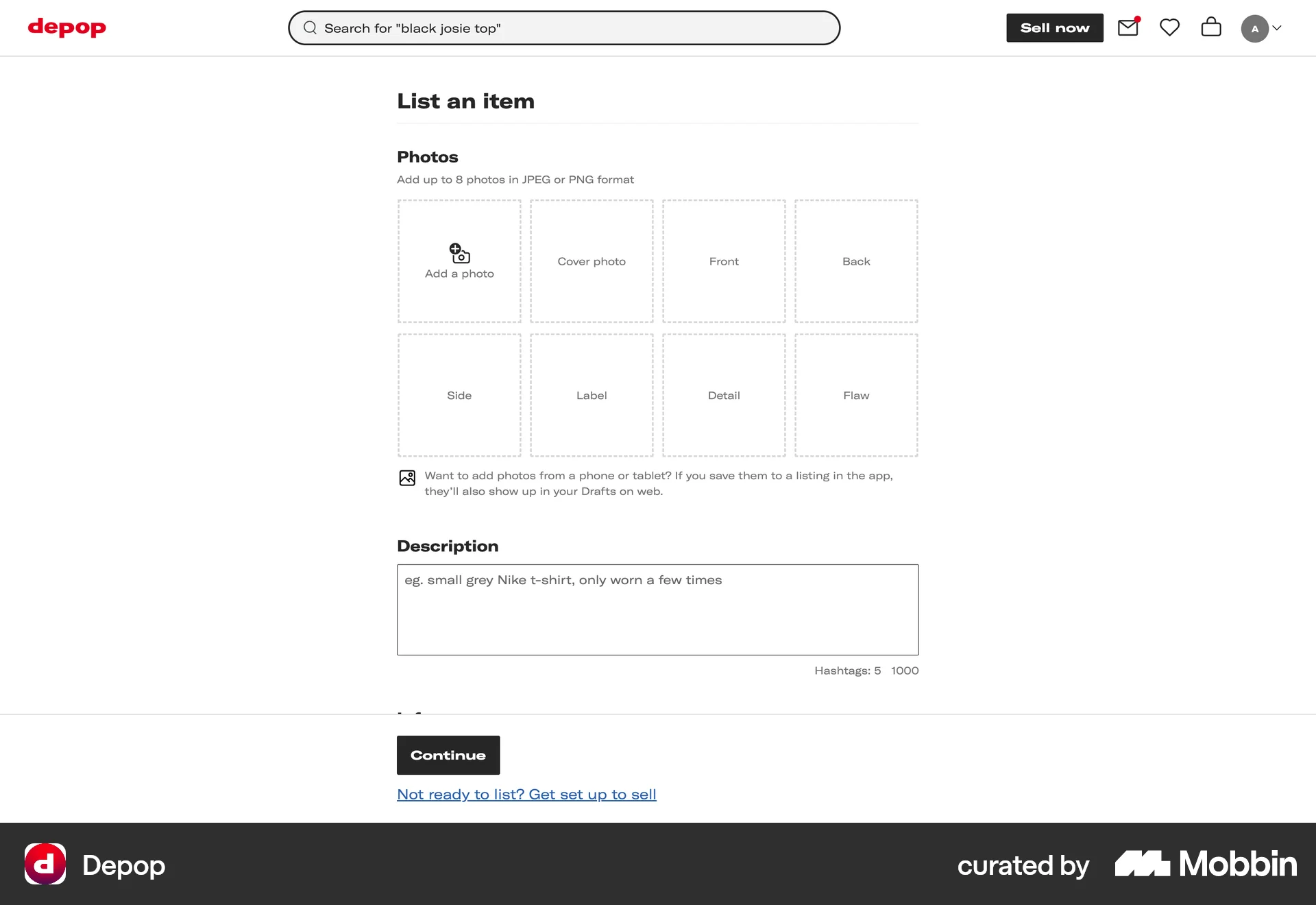 Depop Web Upload & Download screen