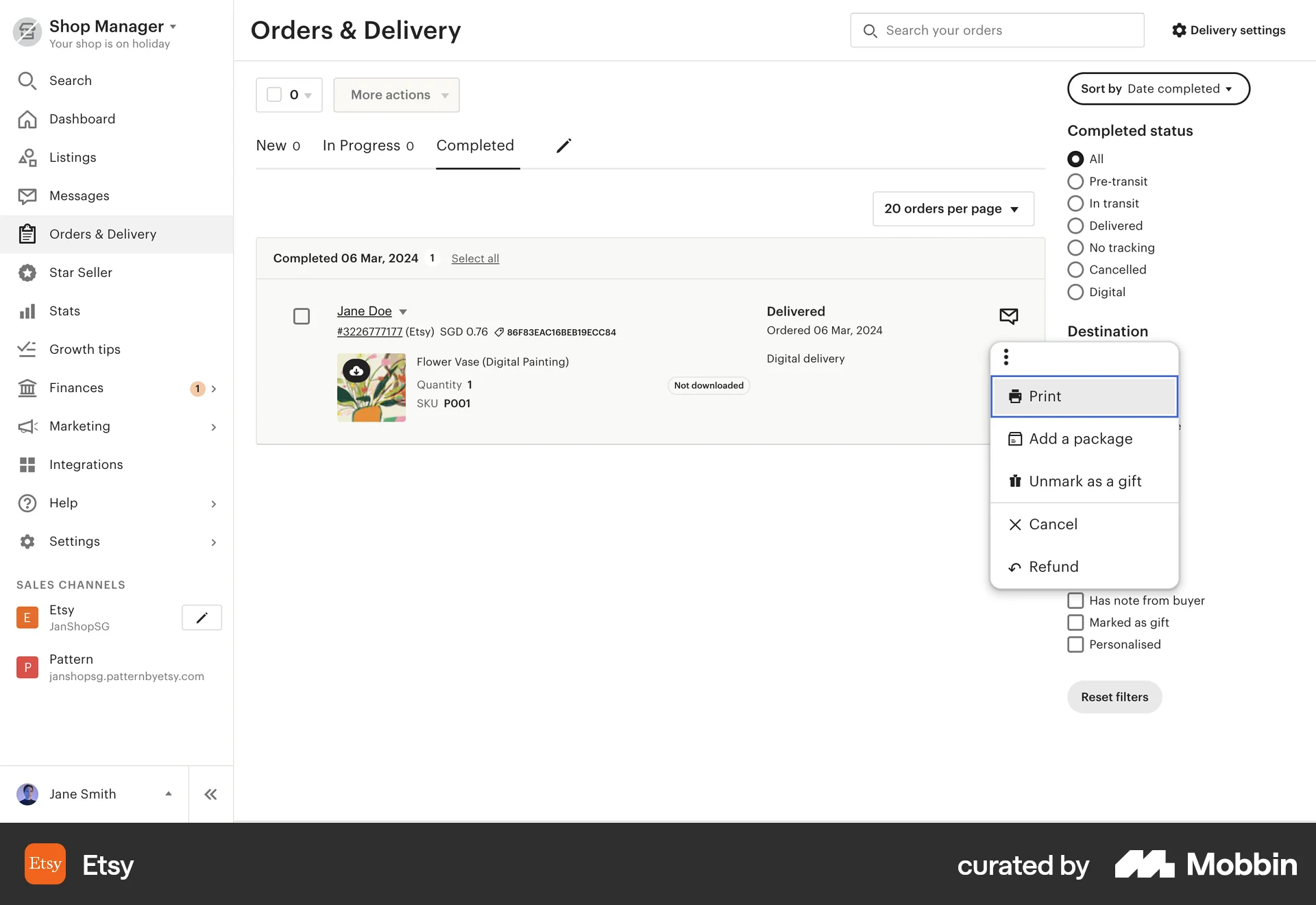Etsy Web Action Option screen