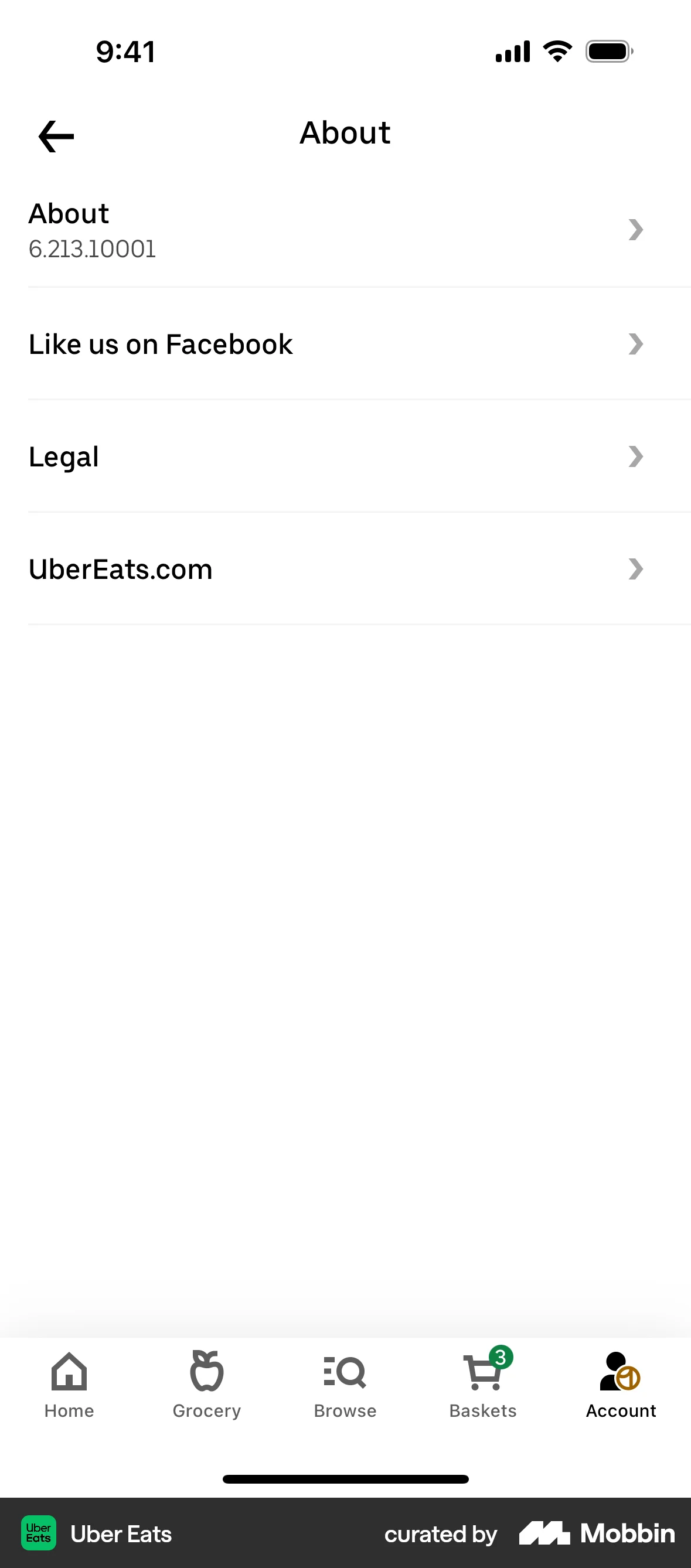 Uber Eats iOS About screen