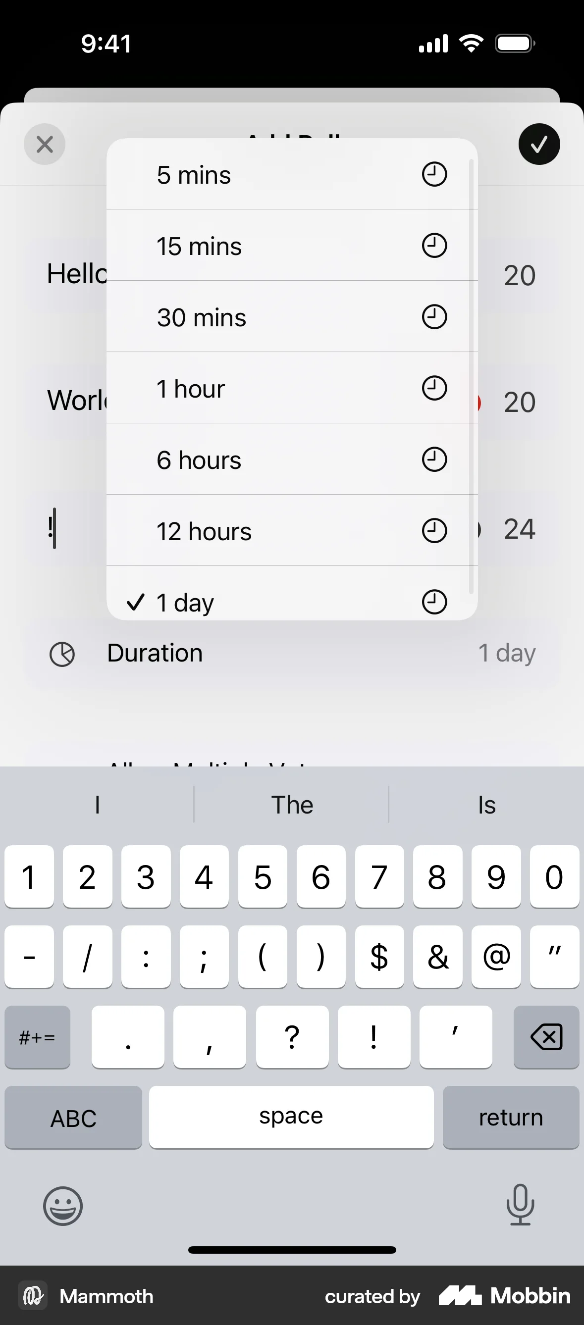 Mammoth iOS screen containing Time Picker UI element