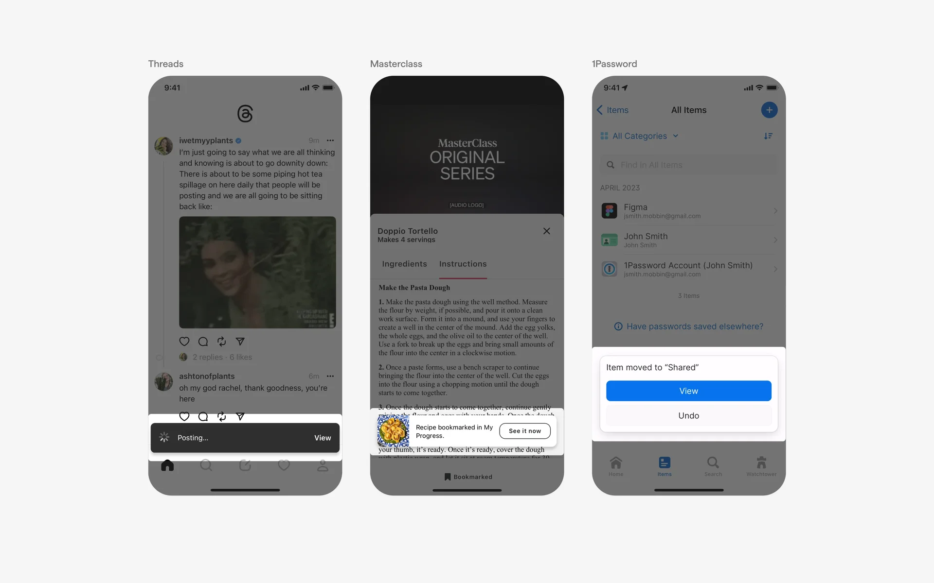 Bottom placement toasts with CTA button.