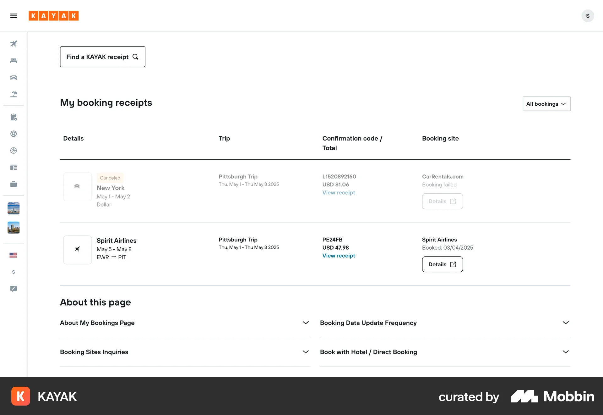 KAYAK Web Order History screen