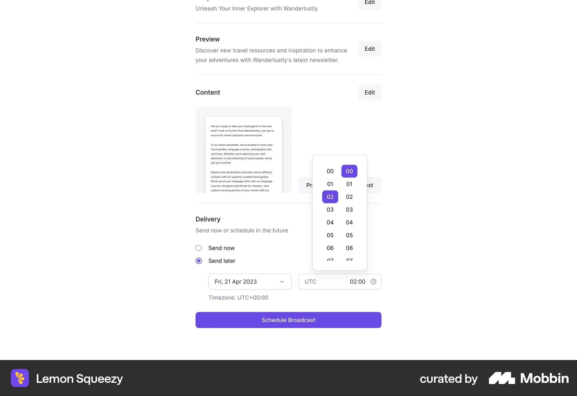 Lemon Squeezy Web screen containing Time Picker UI element