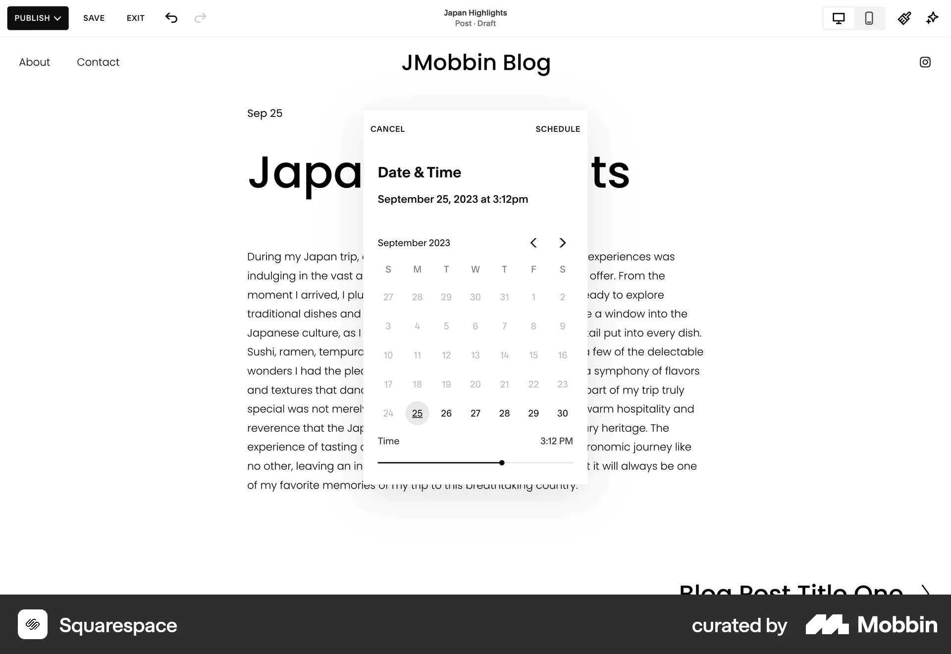 Squarespace Web screen containing Time Picker UI element