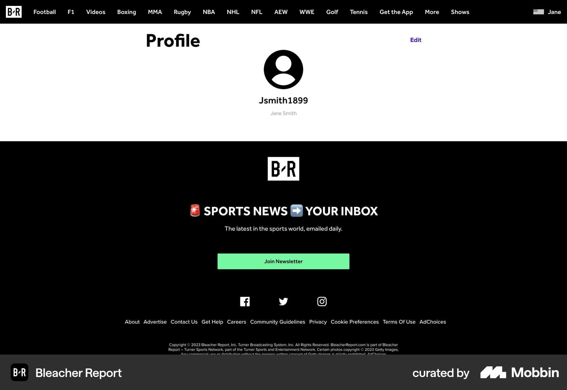 Bleacher Report Web Sports App screen