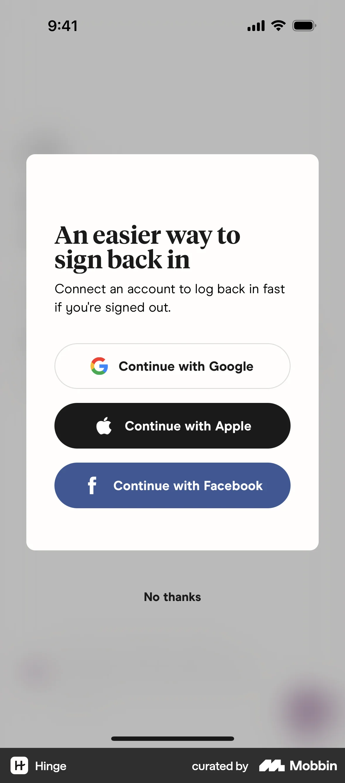 Hinge iOS screen containing Dialog UI element